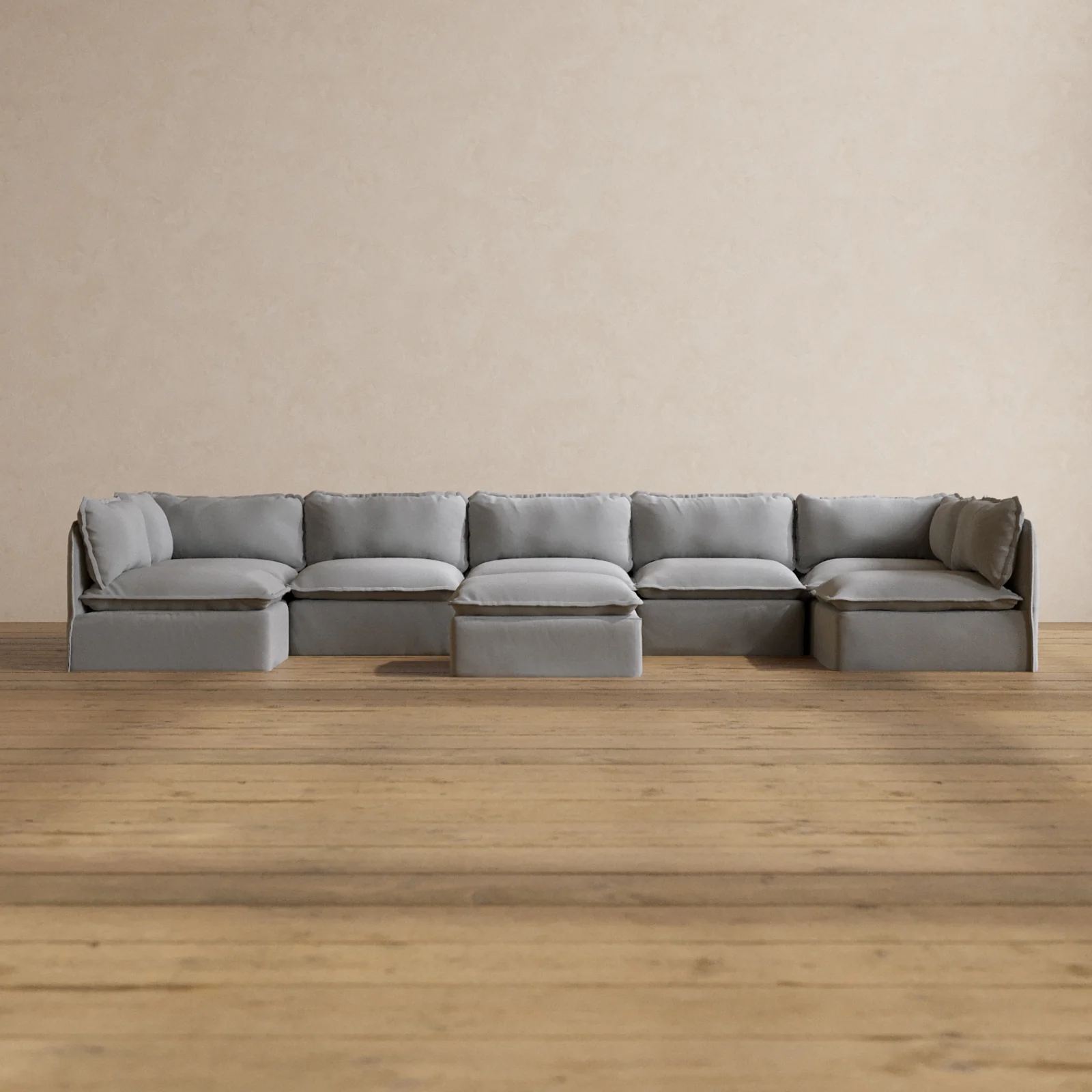 Modular Washable 7-Seater Open-Ends U-Sectional + Ottoman in Pumice | Memorix+ Seat | Contour Pillow