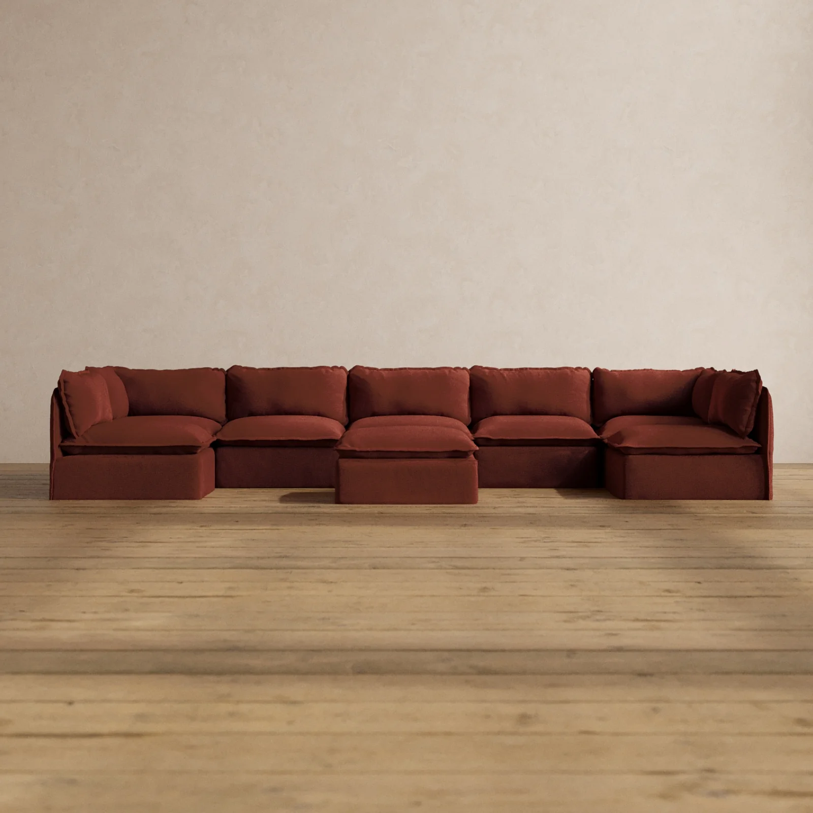 Modular Washable 7-Seater Open-Ends U-Sectional + Ottoman in Rust | Deluxe+ Seat | Cloud Pillow