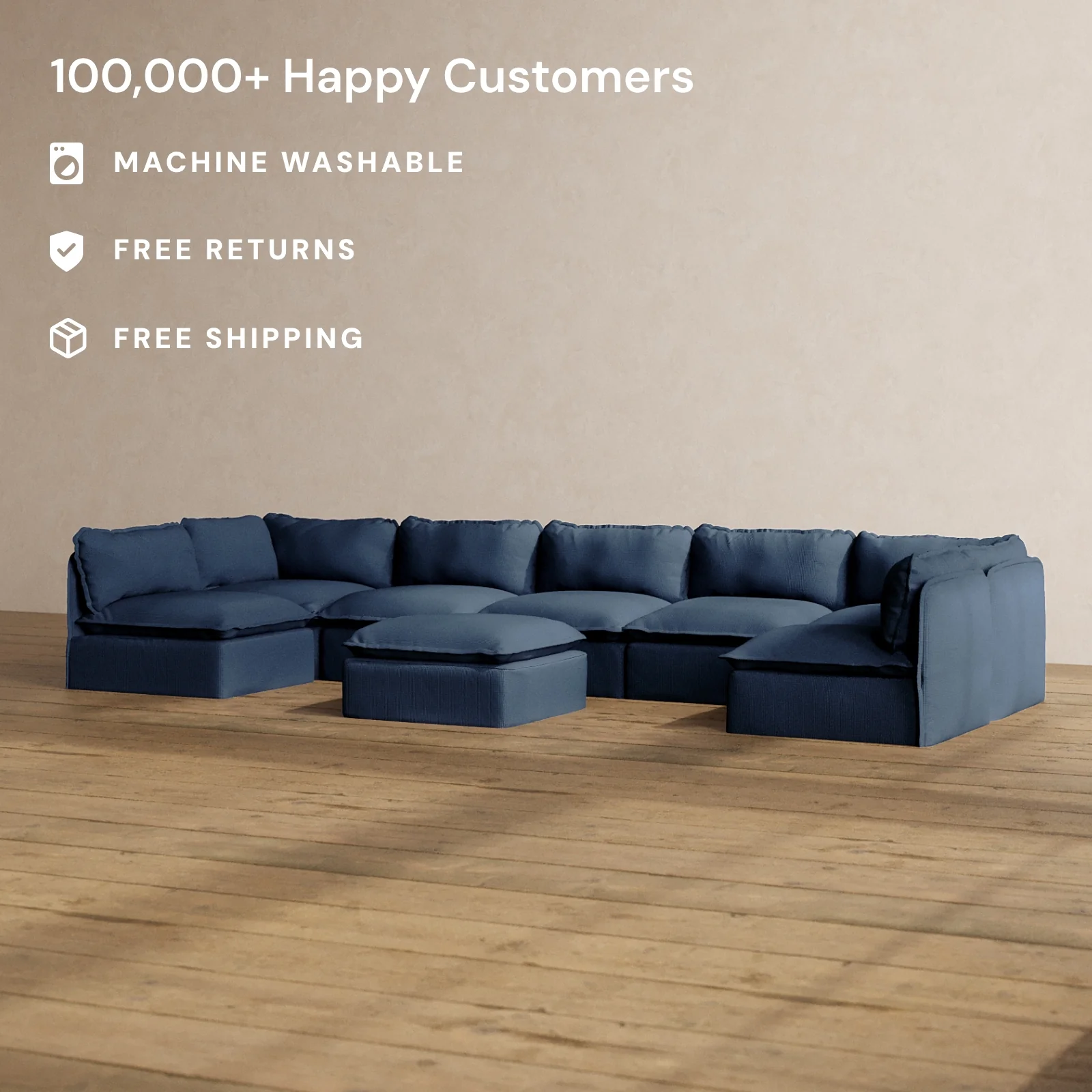 Modular Washable 7-Seater Open-Ends U-Sectional + Ottoman in Sumi | Deluxe+ Seat | Cloud Pillow - Image 2