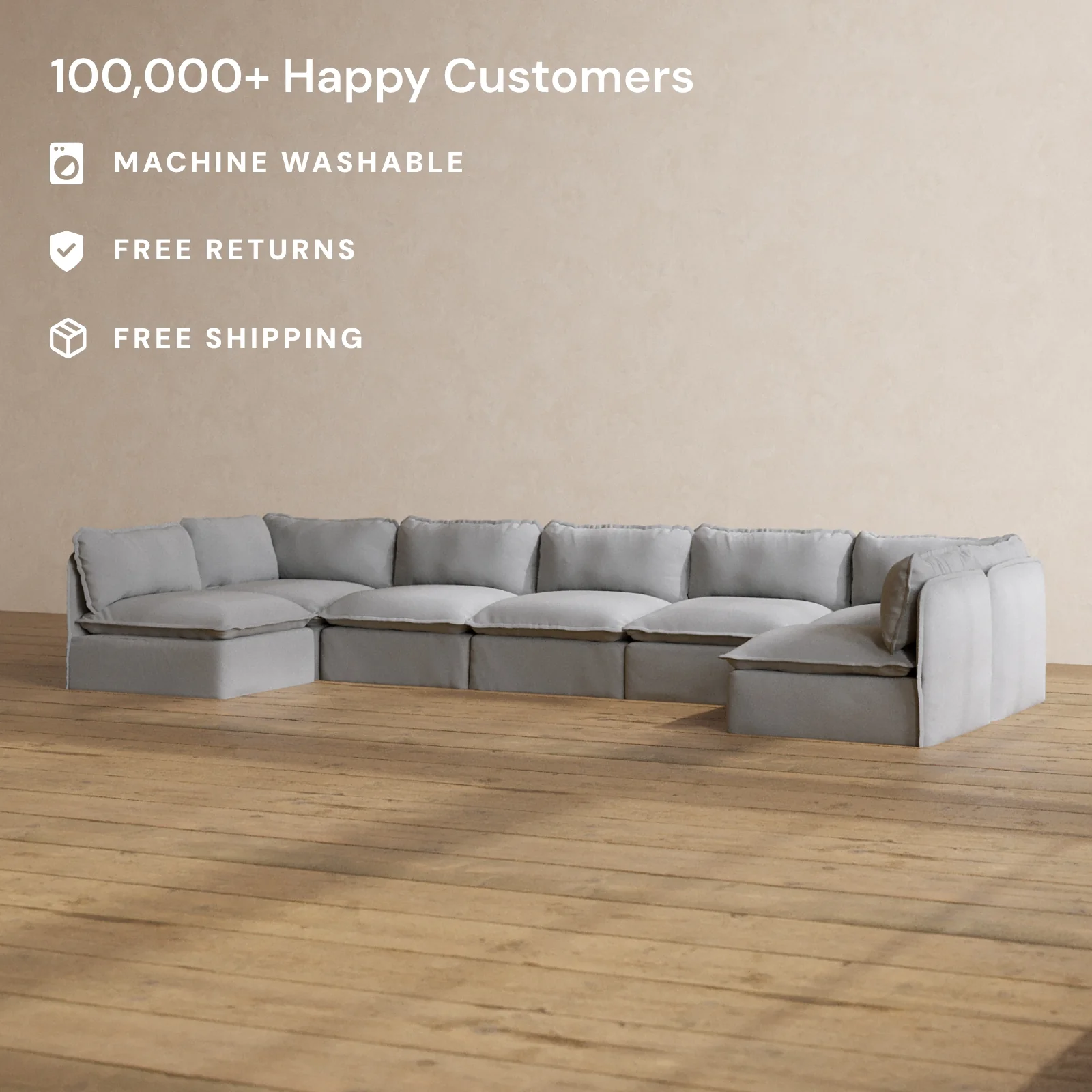 Modular Washable 7-Seater Open-Ends U-Sectional in Pumice | Deluxe+ Seat | Cloud Pillow - Image 2
