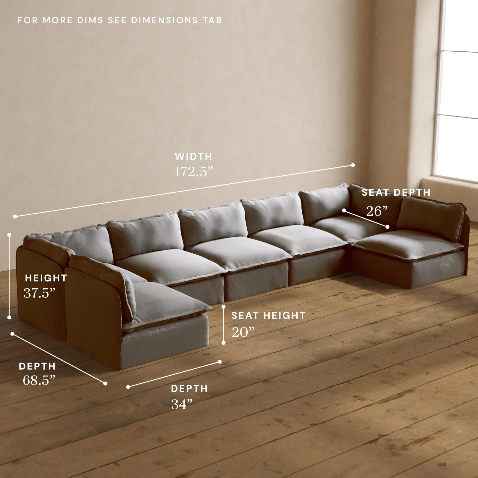 Modular Washable 7-Seater Open-Ends U-Sectional in Pumice | Deluxe+ Seat | Cloud Pillow - Image 5