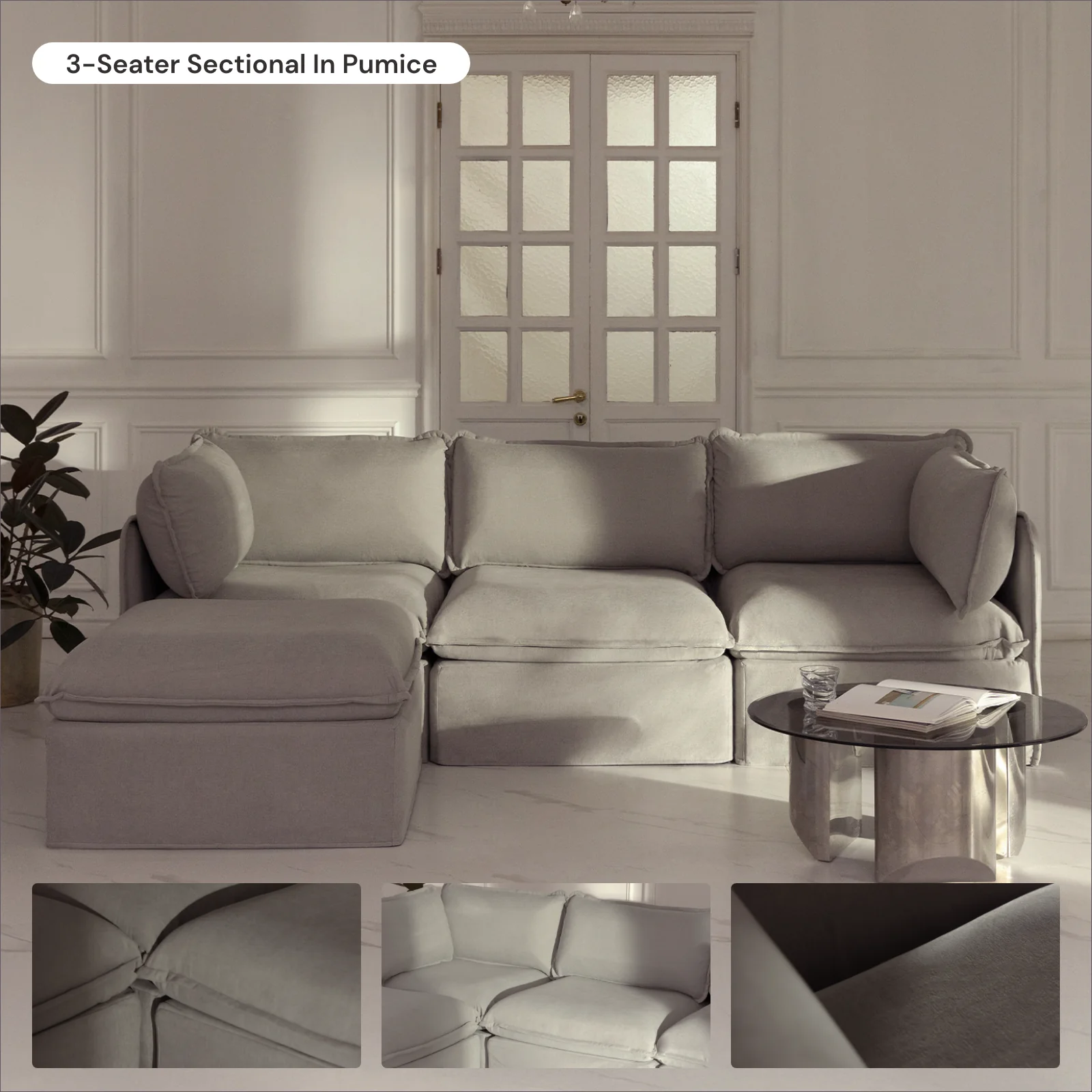 Modular Washable 7-Seater Open-Ends U-Sectional in Pumice | Deluxe+ Seat | Cloud Pillow - Image 7