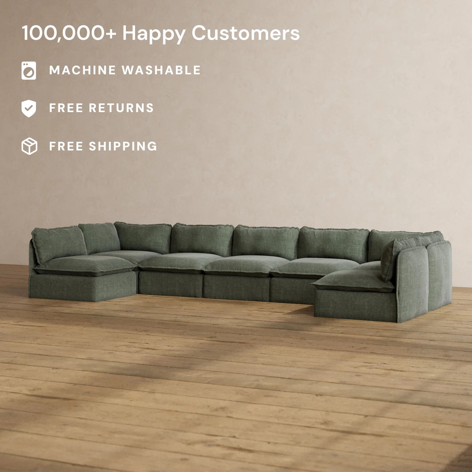 Modular Washable 7-Seater Open-Ends U-Sectional in Willow | Memorix+ Seat | Contour Pillow - Image 2