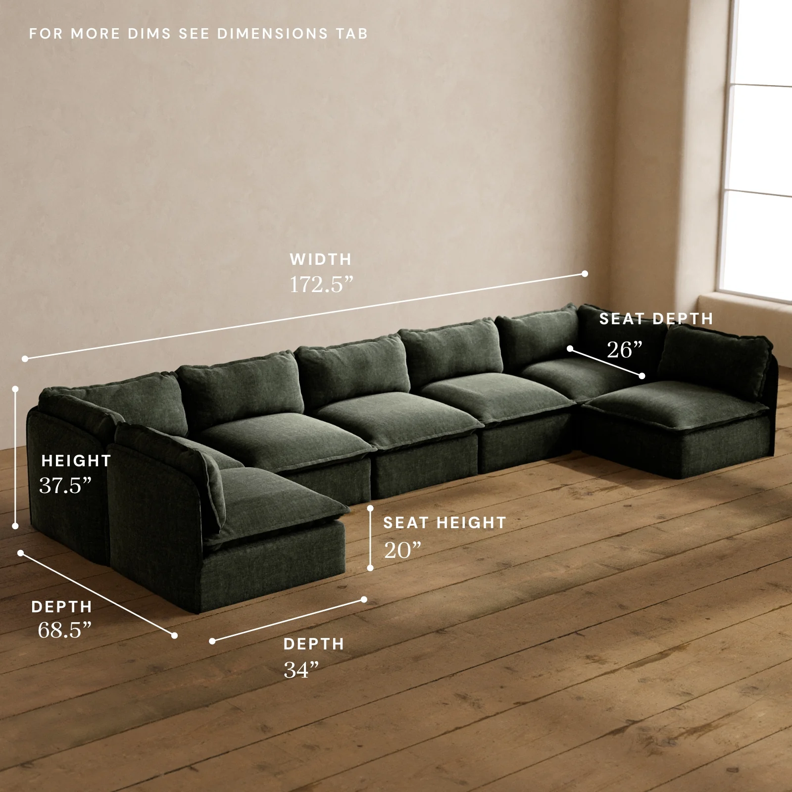 Modular Washable 7-Seater Open-Ends U-Sectional in Willow | Memorix+ Seat | Contour Pillow - Image 5