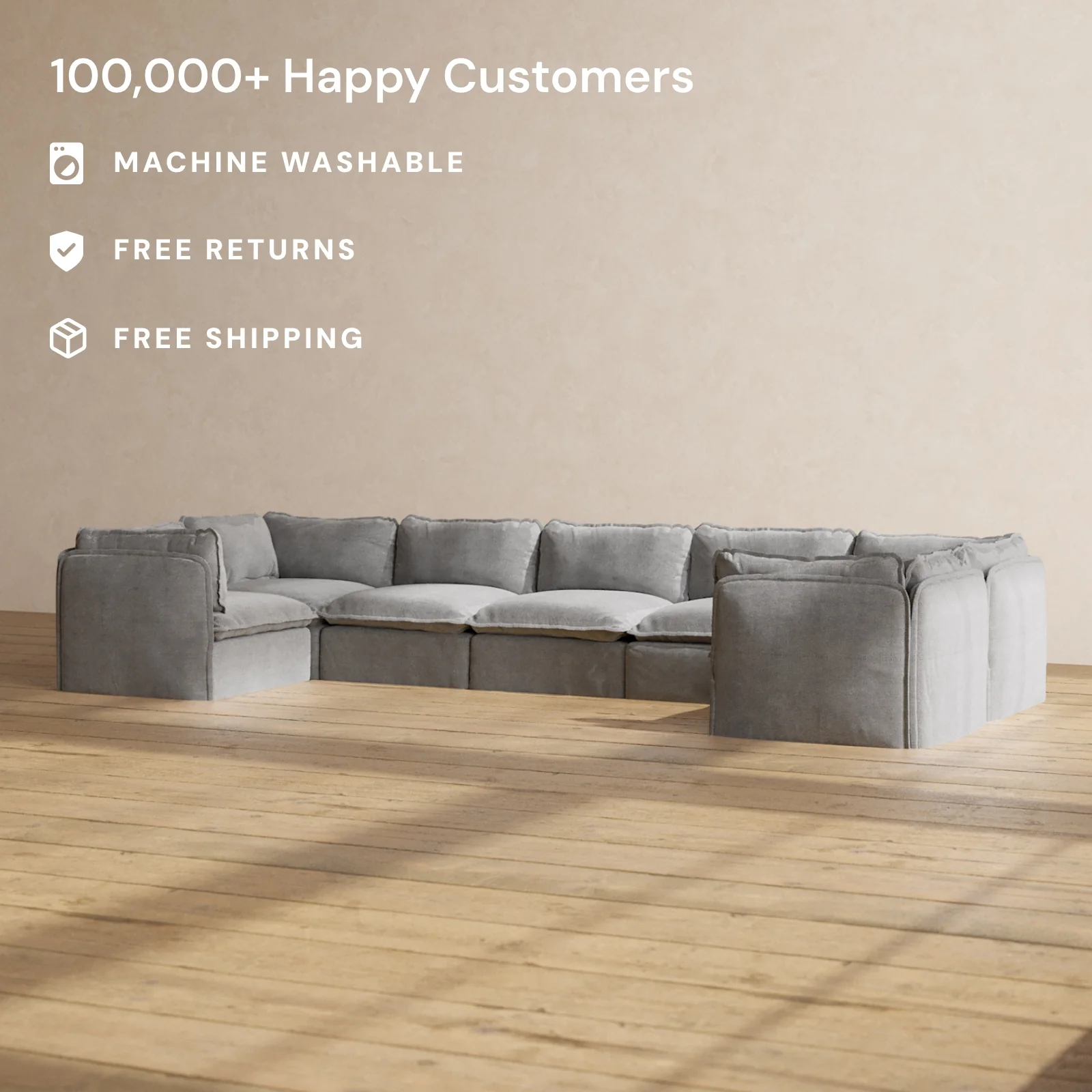 Modular Washable 7-Seater U-Sectional in Ash | Memorix+ Seat | Contour Pillow - Image 2