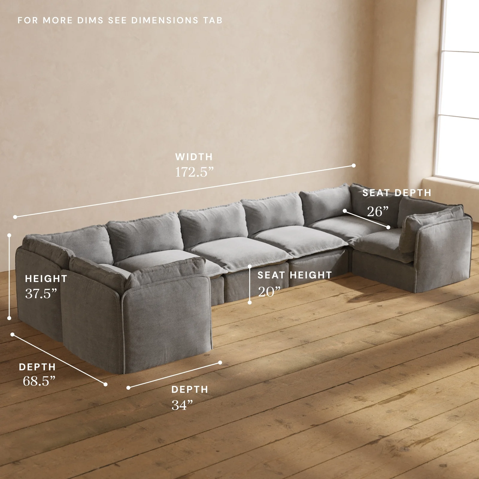 Modular Washable 7-Seater U-Sectional in Ash | Memorix+ Seat | Contour Pillow - Image 5