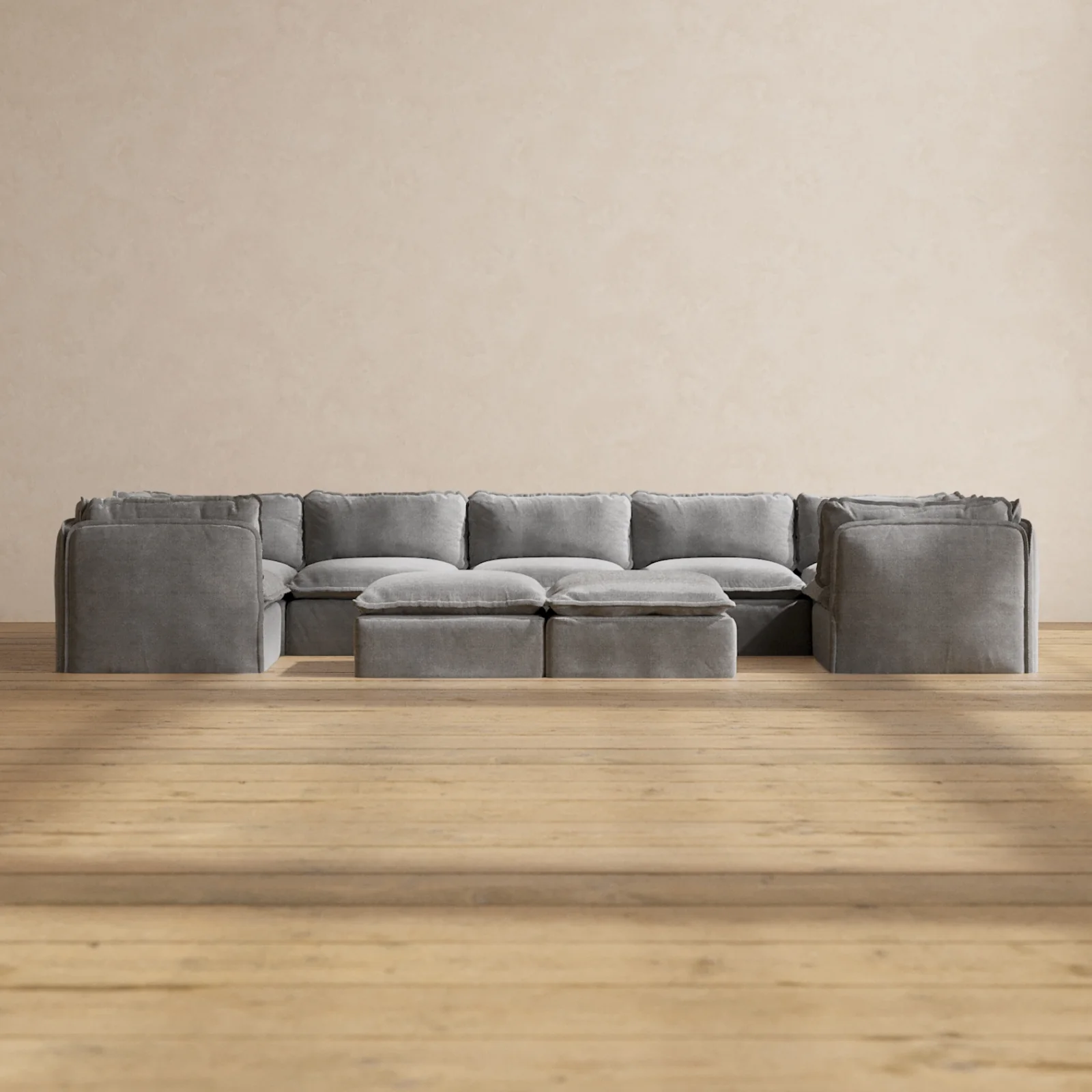 Modular Washable 7-Seater U-Sectional + Bench Ottoman in Ash | Deluxe+ Seat | Cloud Pillow
