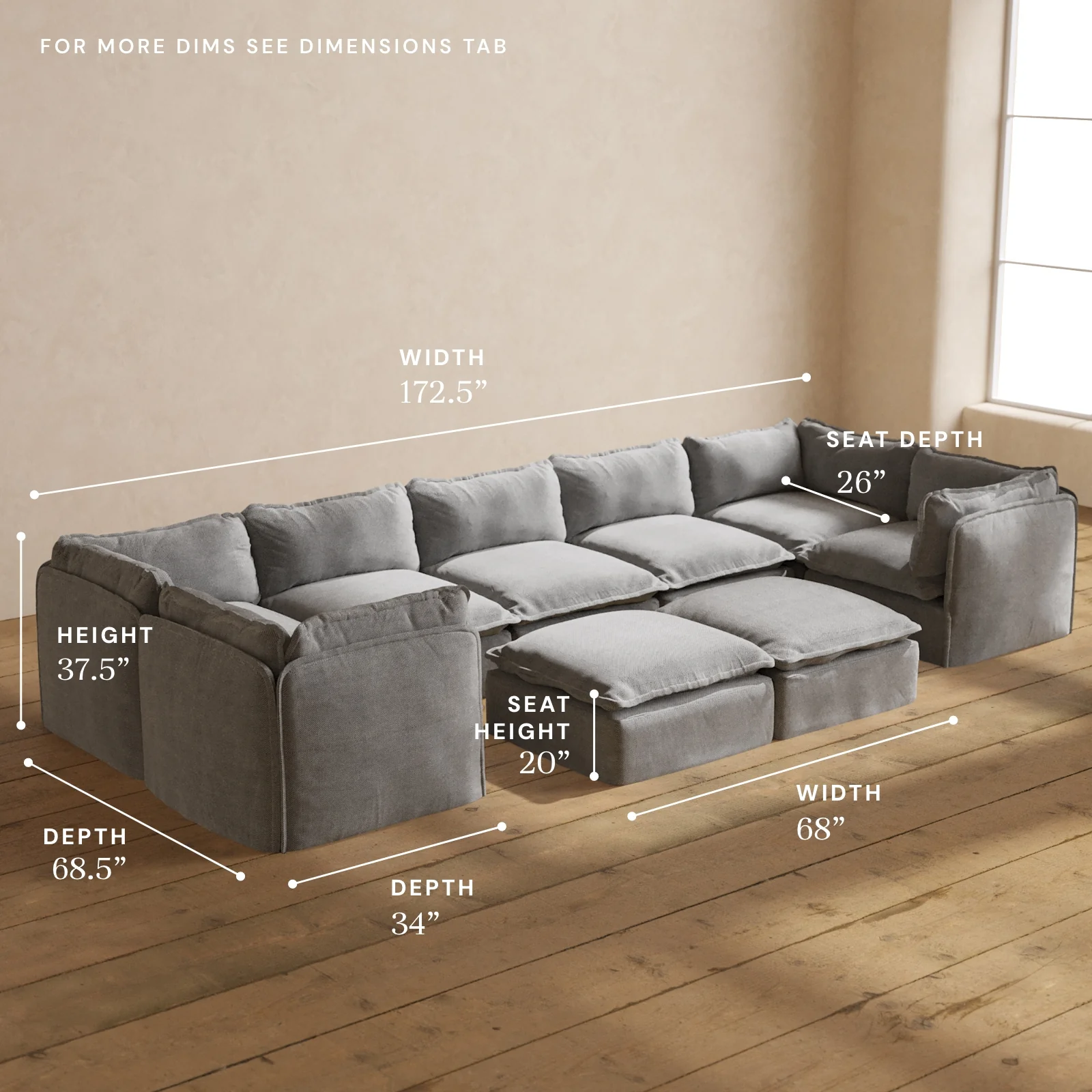 Modular Washable 7-Seater U-Sectional + Bench Ottoman in Ash | Memorix+ Seat | Contour Pillow - Image 5
