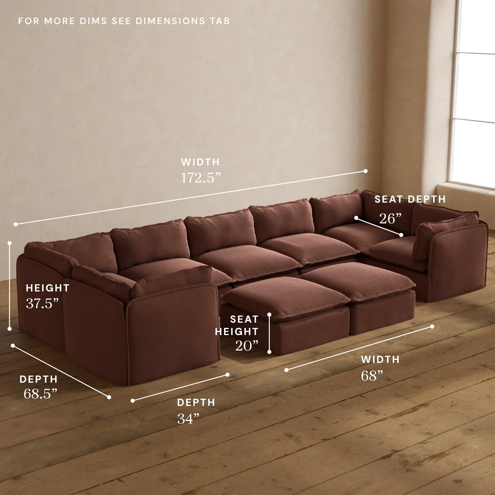 Modular Washable 7-Seater U-Sectional + Bench Ottoman in Chestnut | Deluxe+ Seat | Cloud Pillow - Image 5