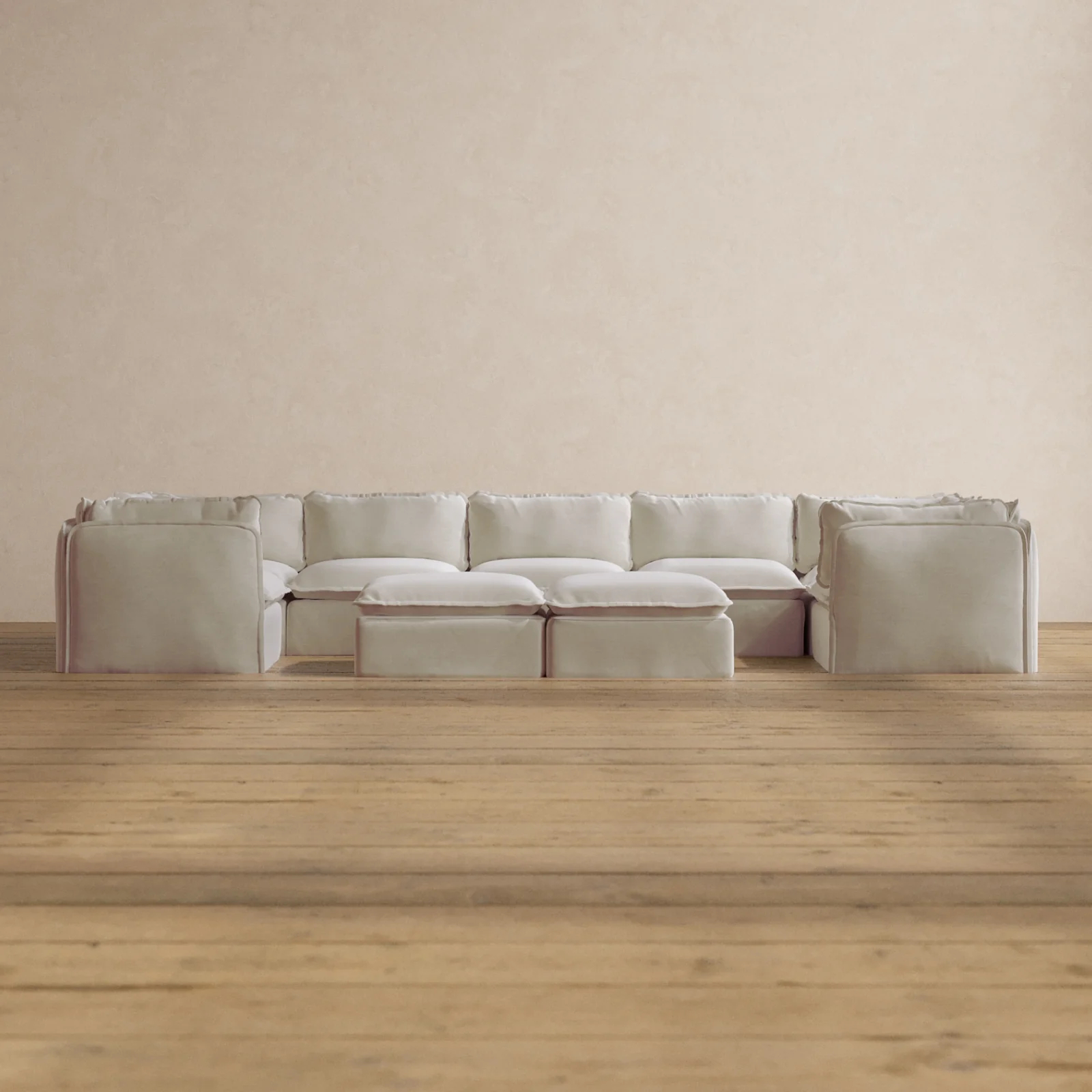 Modular Washable 7-Seater U-Sectional + Bench Ottoman in Coco | Memorix+ Seat | Contour Pillow