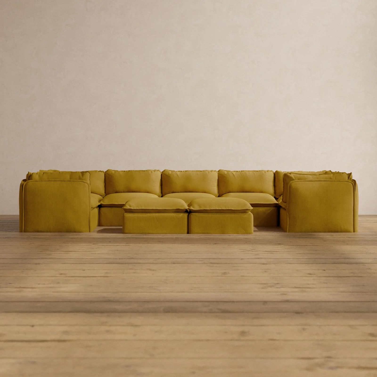 Modular Washable 7-Seater U-Sectional + Bench Ottoman in Kiiro | Memorix+ Seat | Contour Pillow