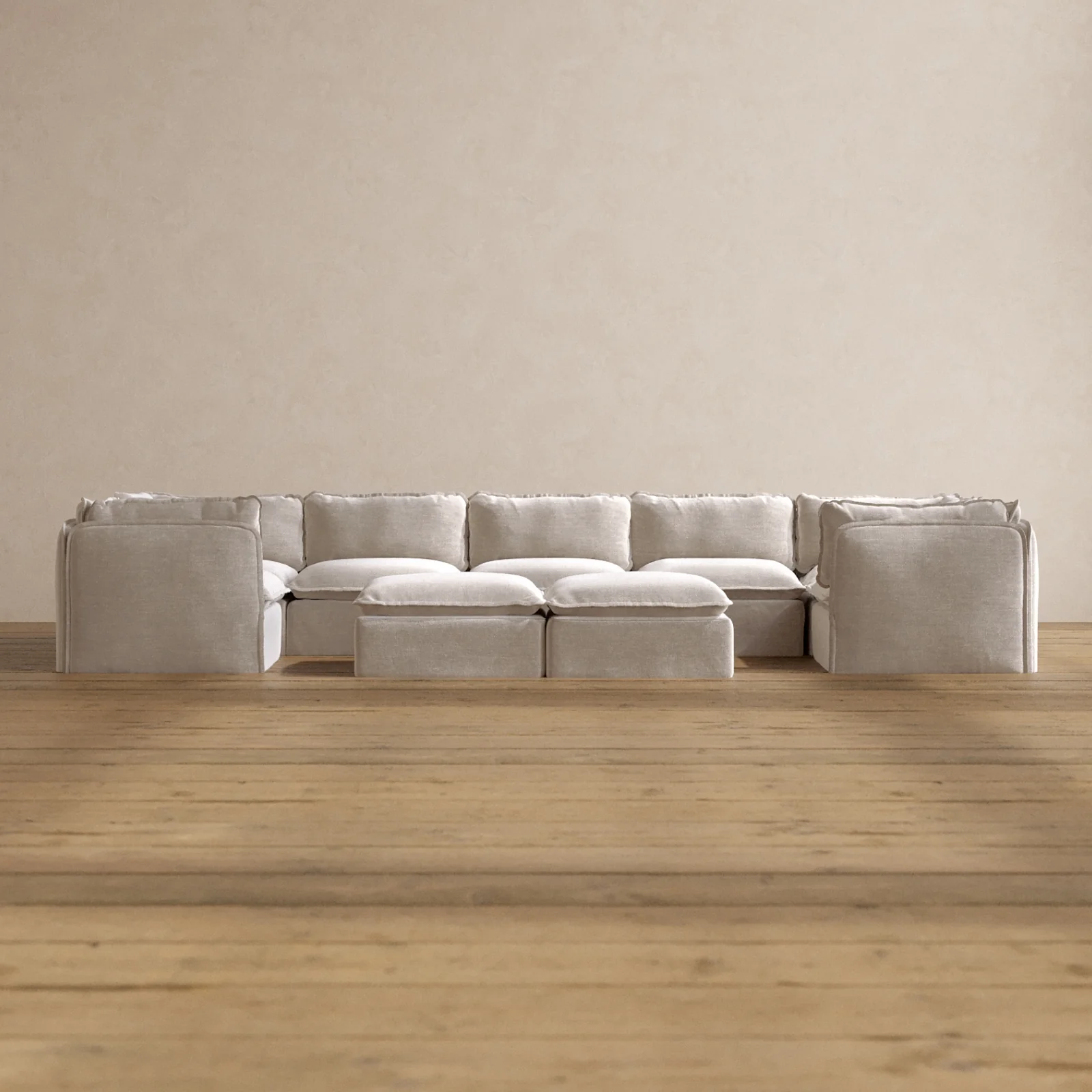 Modular Washable 7-Seater U-Sectional + Bench Ottoman in Mist | Deluxe+ Seat | Cloud Pillow