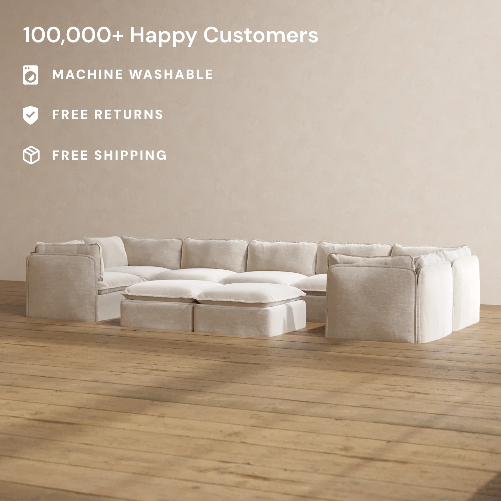 Modular Washable 7-Seater U-Sectional + Bench Ottoman in Mist | Deluxe+ Seat | Cloud Pillow - Image 2