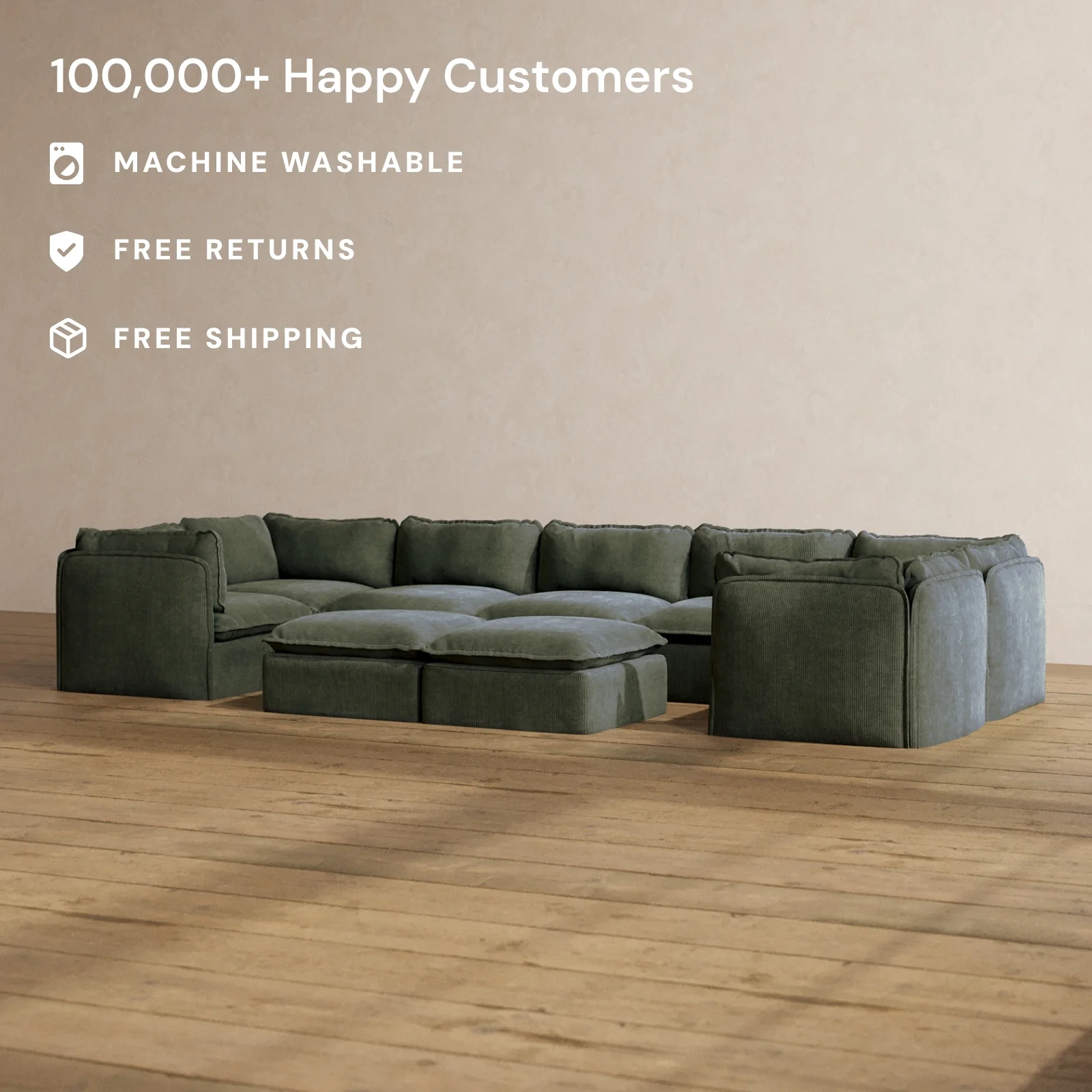 Modular Washable 7-Seater U-Sectional + Bench Ottoman in Olivine | Deluxe+ Seat | Cloud Pillow - Image 2
