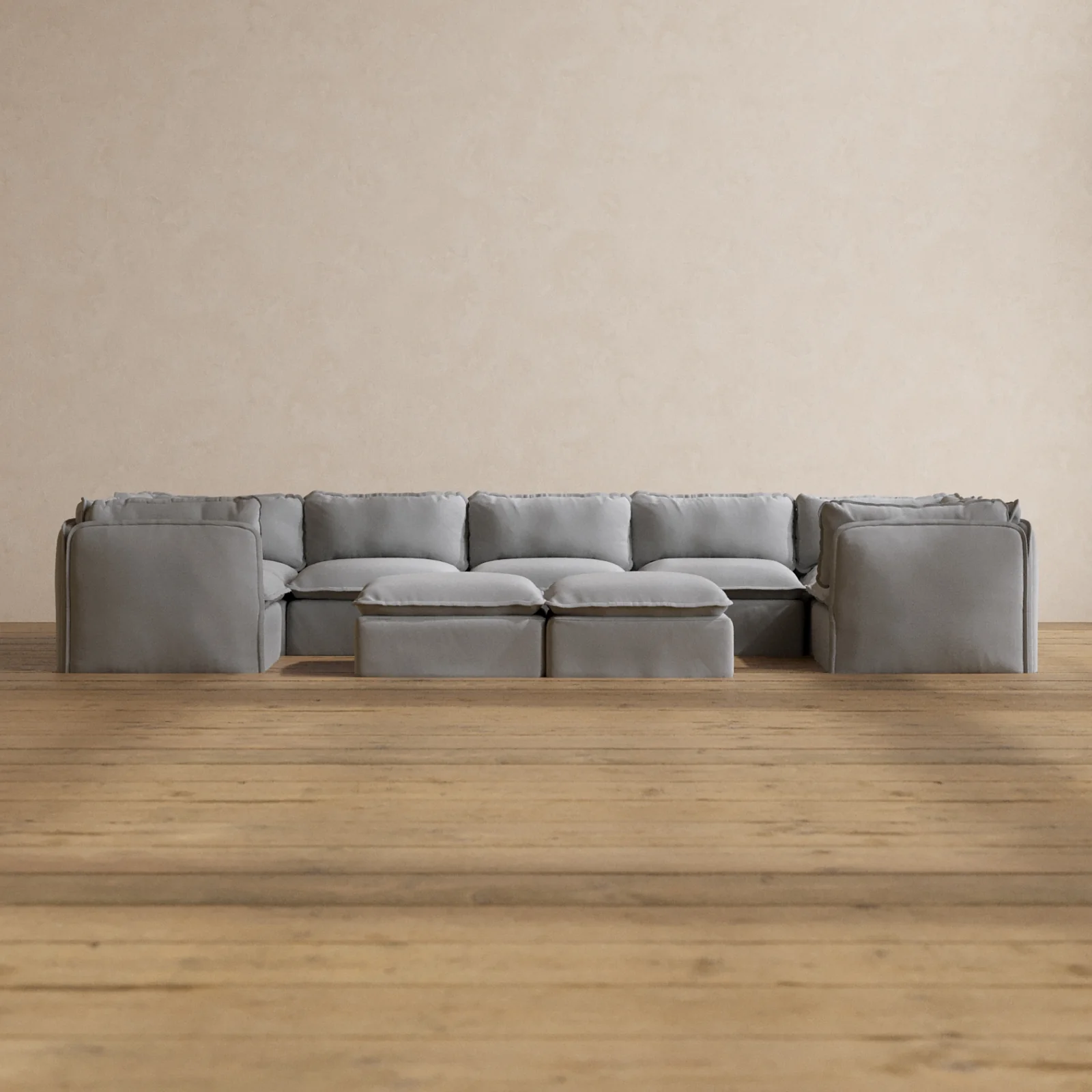 Modular Washable 7-Seater U-Sectional + Bench Ottoman in Pumice | Deluxe+ Seat | Cloud Pillow