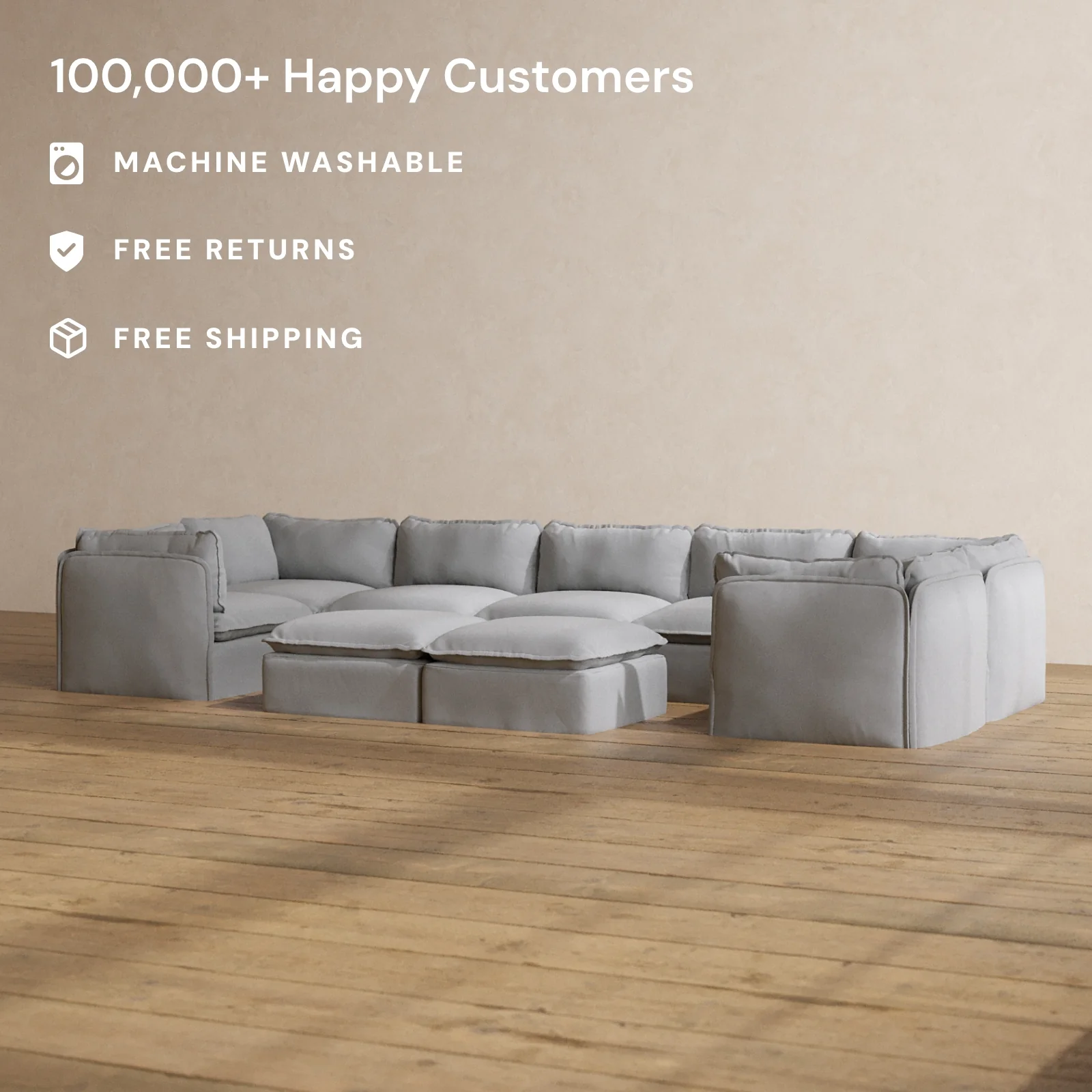 Modular Washable 7-Seater U-Sectional + Bench Ottoman in Pumice | Deluxe+ Seat | Cloud Pillow - Image 2