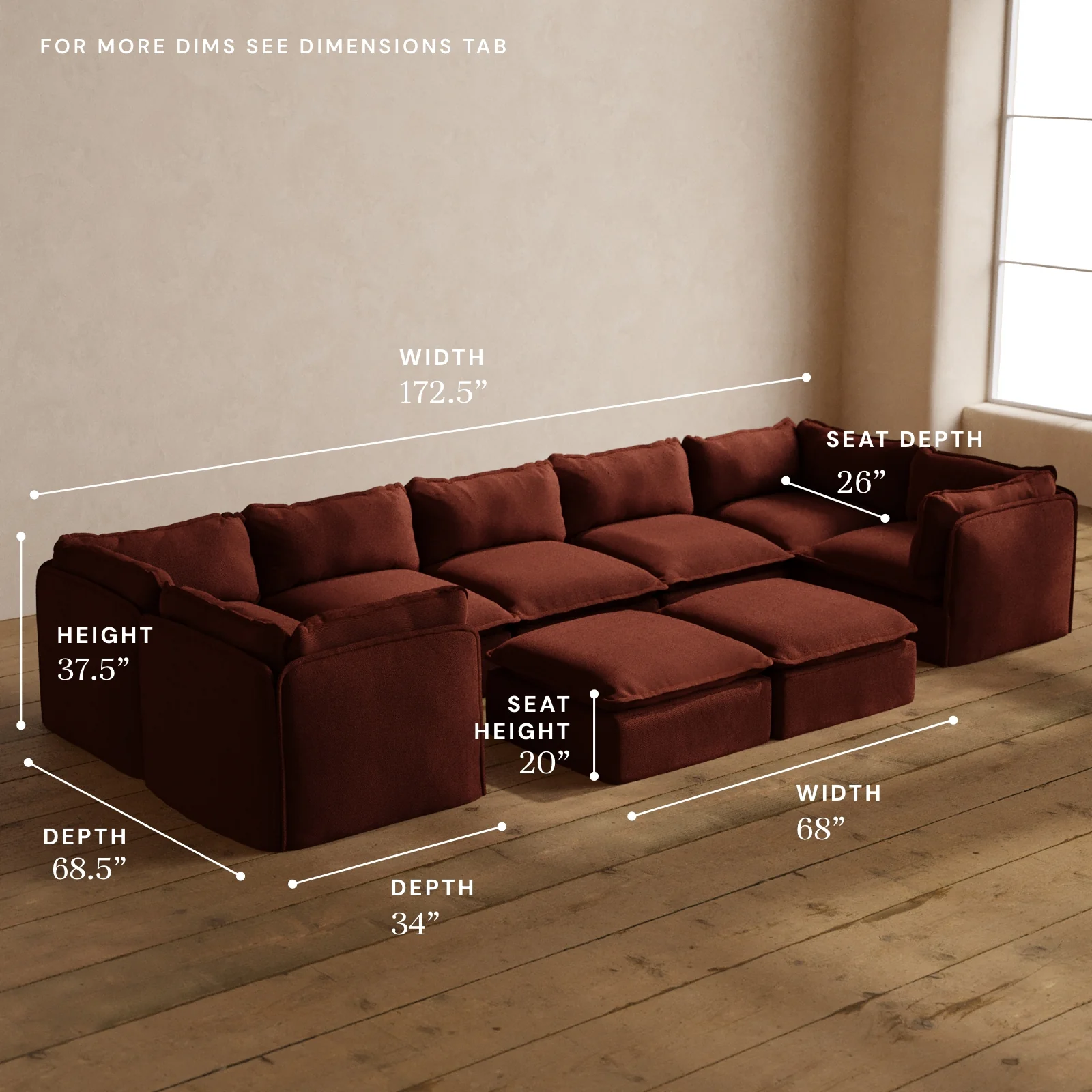 Modular Washable 7-Seater U-Sectional + Bench Ottoman in Rust | Deluxe+ Seat | Cloud Pillow - Image 5