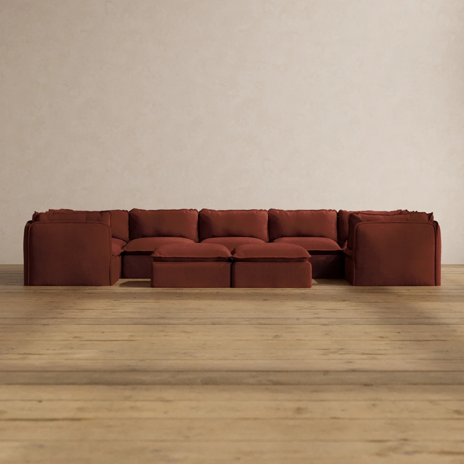 Modular Washable 7-Seater U-Sectional + Bench Ottoman in Rust | Memorix+ Seat | Contour Pillow