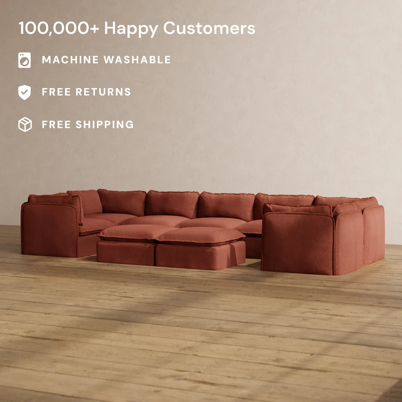 Modular Washable 7-Seater U-Sectional + Bench Ottoman in Rust | Memorix+ Seat | Contour Pillow - Image 2