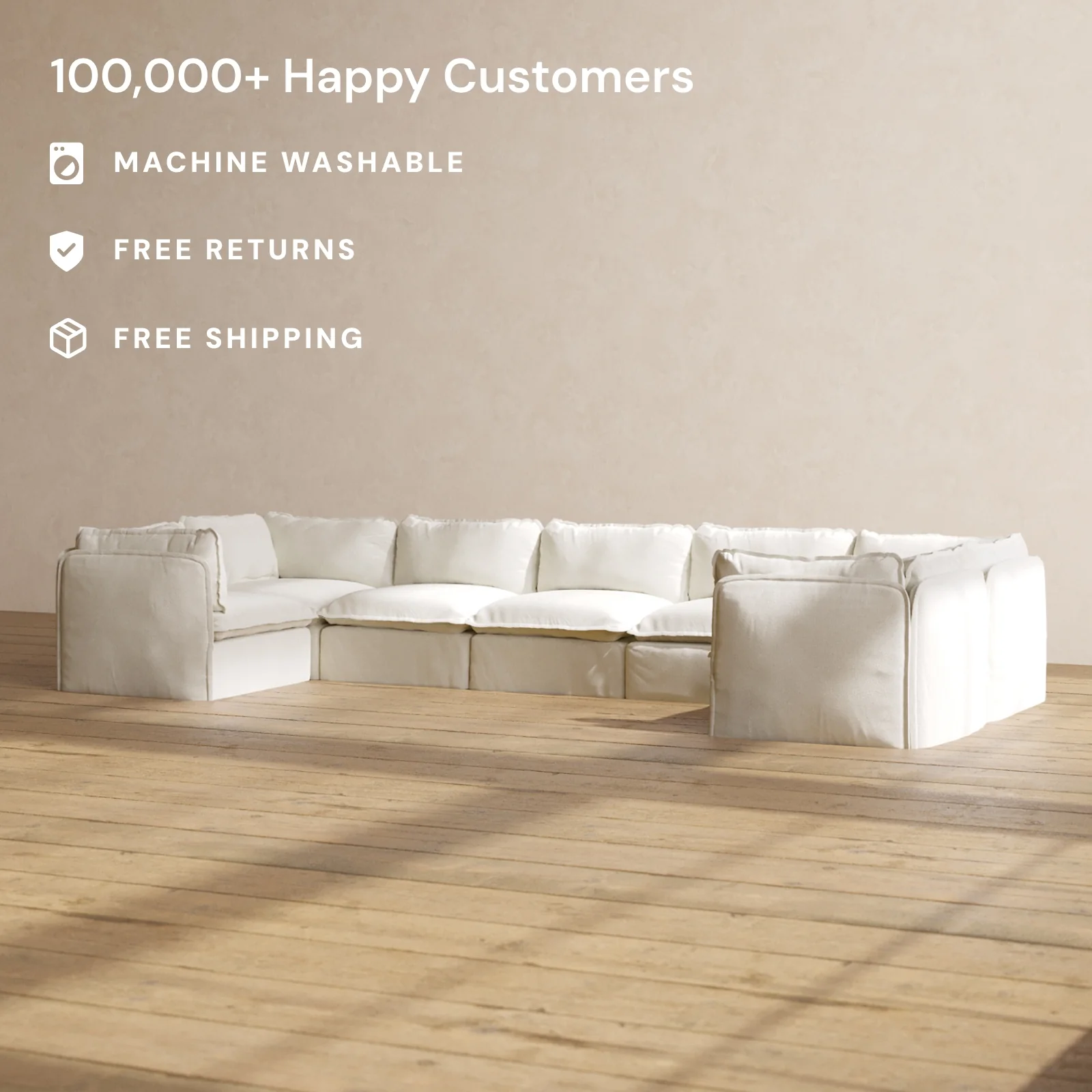 Modular Washable 7-Seater U-Sectional in Eggshell | Memorix+ Seat | Contour Pillow - Image 2