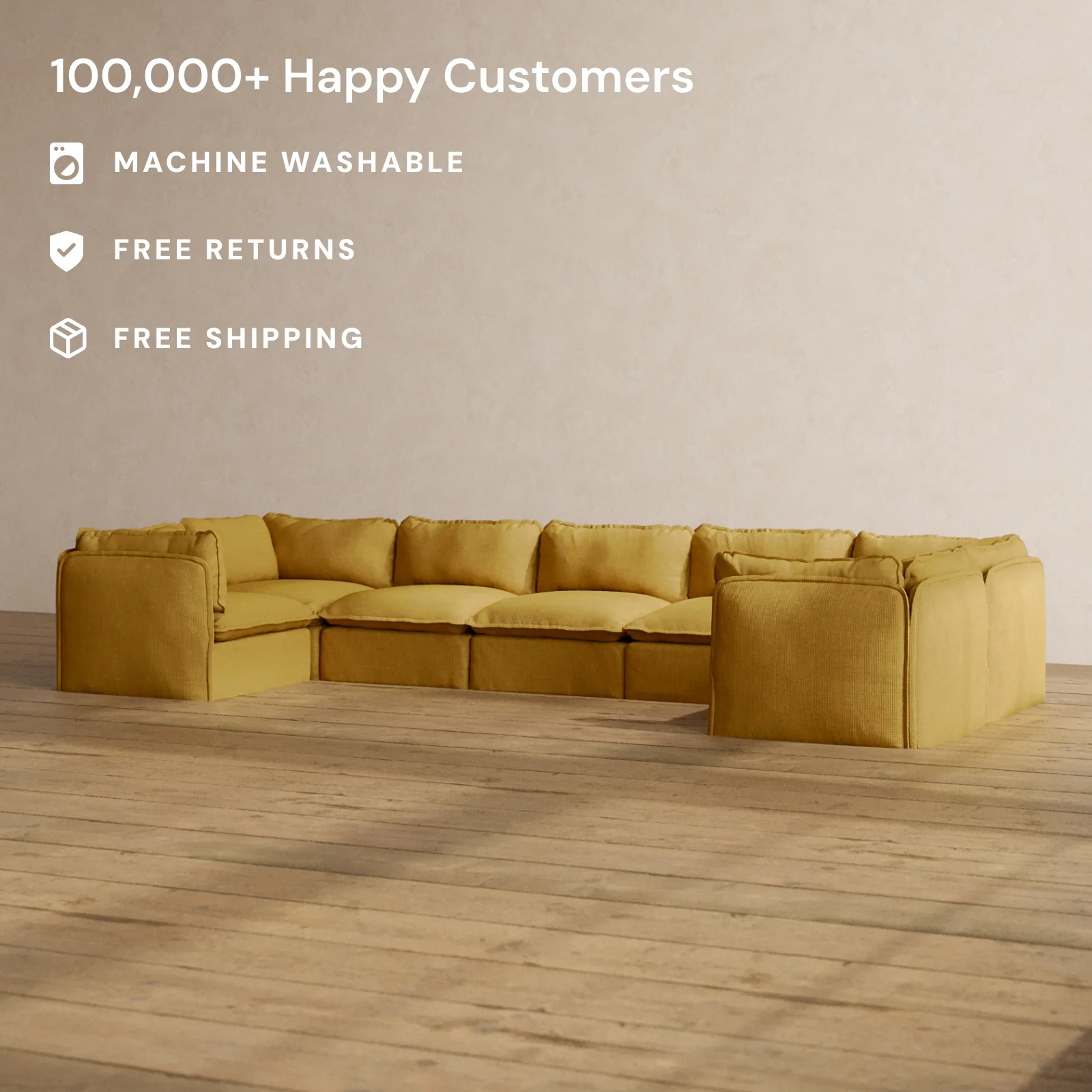 Modular Washable 7-Seater U-Sectional in Kiiro | Deluxe+ Seat | Cloud Pillow - Image 2