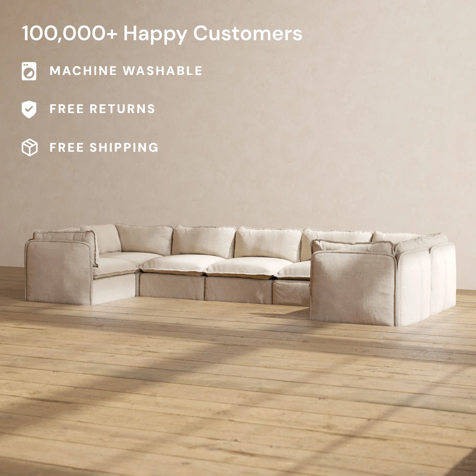 Modular Washable 7-Seater U-Sectional in Oat | Deluxe+ Seat | Cloud Pillow - Image 2