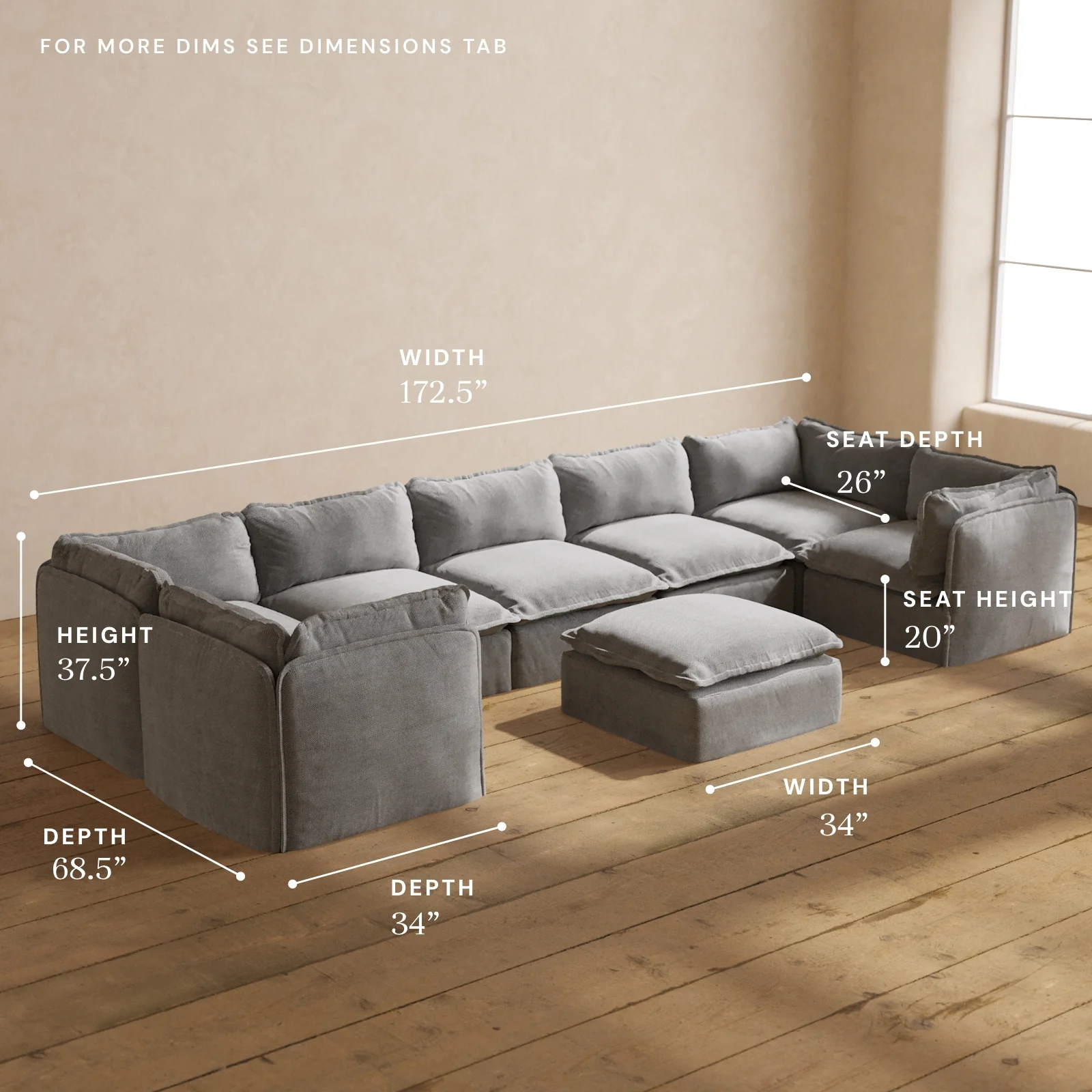 Modular Washable 7-Seater U-Sectional + Ottoman in Ash | Deluxe+ Seat | Cloud Pillow - Image 5