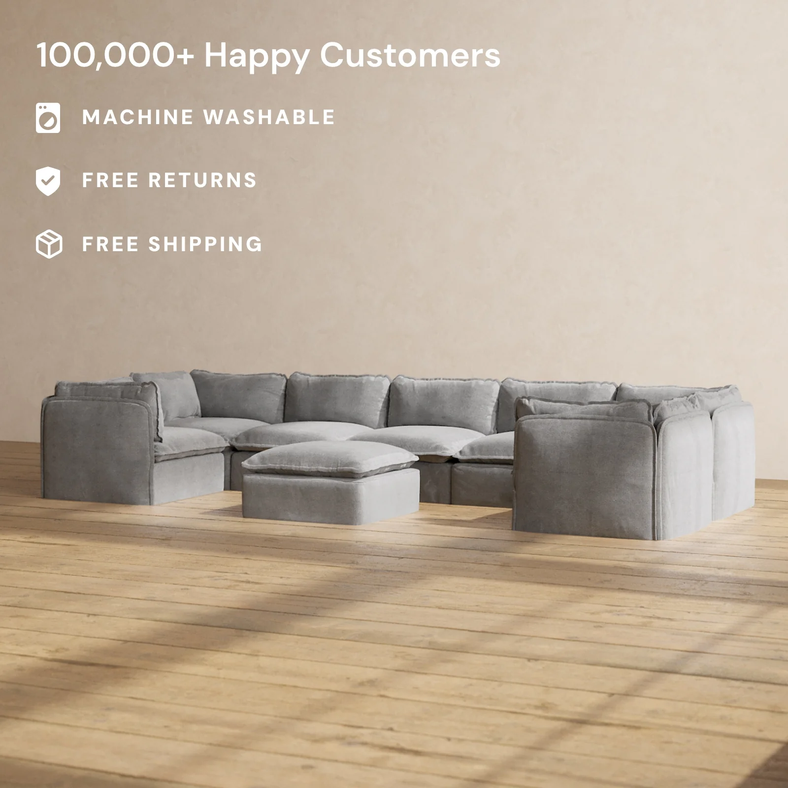 Modular Washable 7-Seater U-Sectional + Ottoman in Ash | Memorix+ Seat | Contour Pillow - Image 2