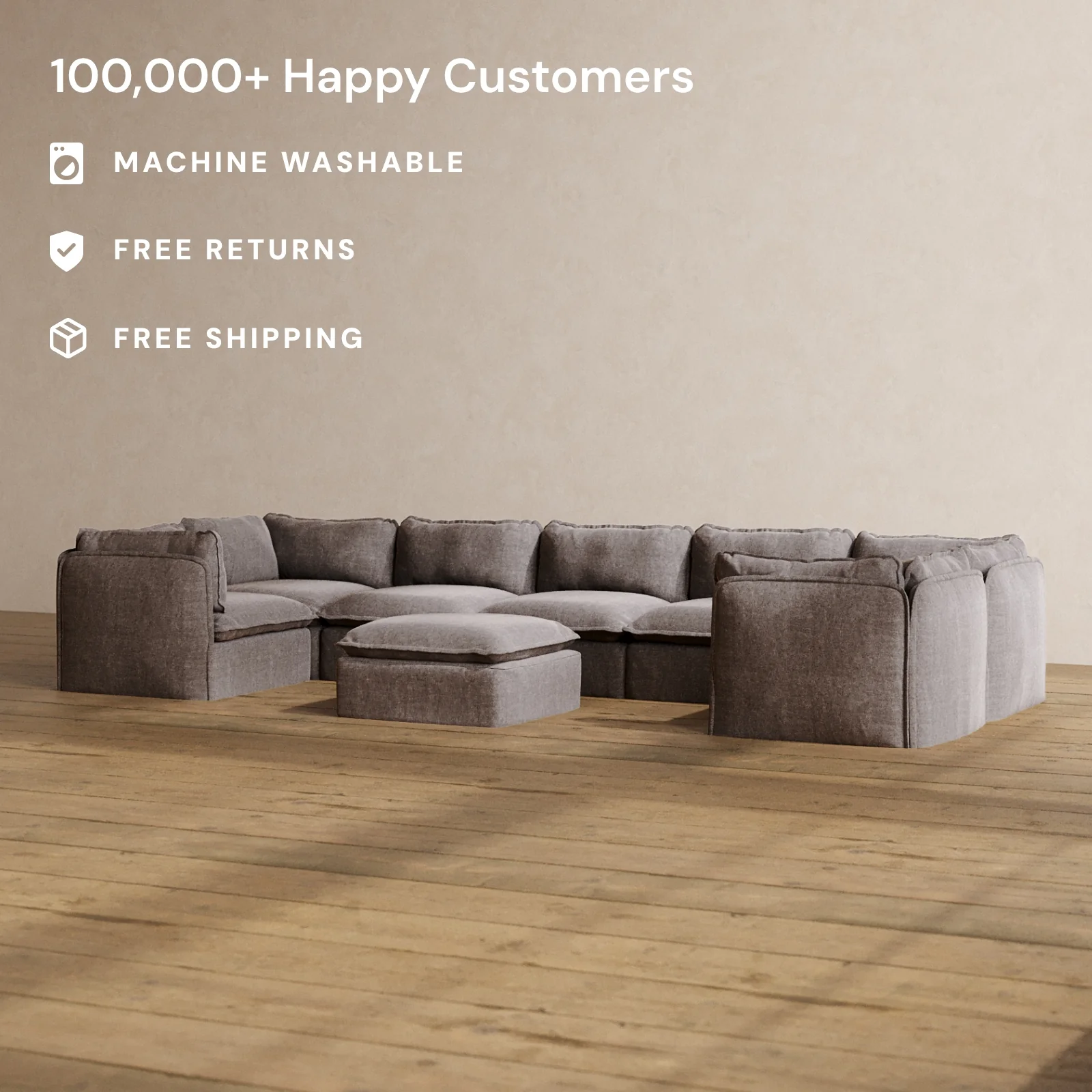 Modular Washable 7-Seater U-Sectional + Ottoman in Caviar | Memorix+ Seat | Contour Pillow - Image 2