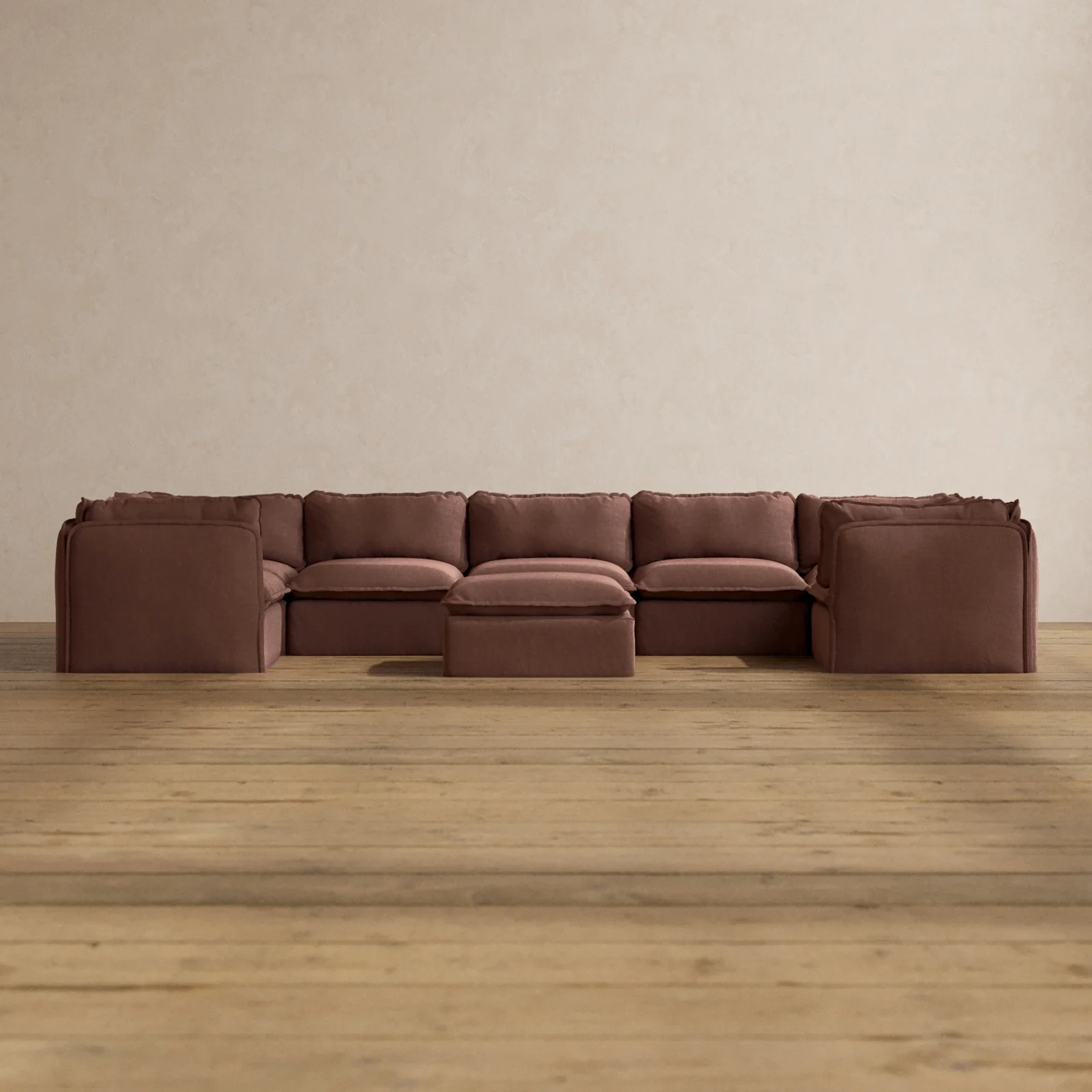 Modular Washable 7-Seater U-Sectional + Ottoman in Chestnut | Deluxe+ Seat | Cloud Pillow