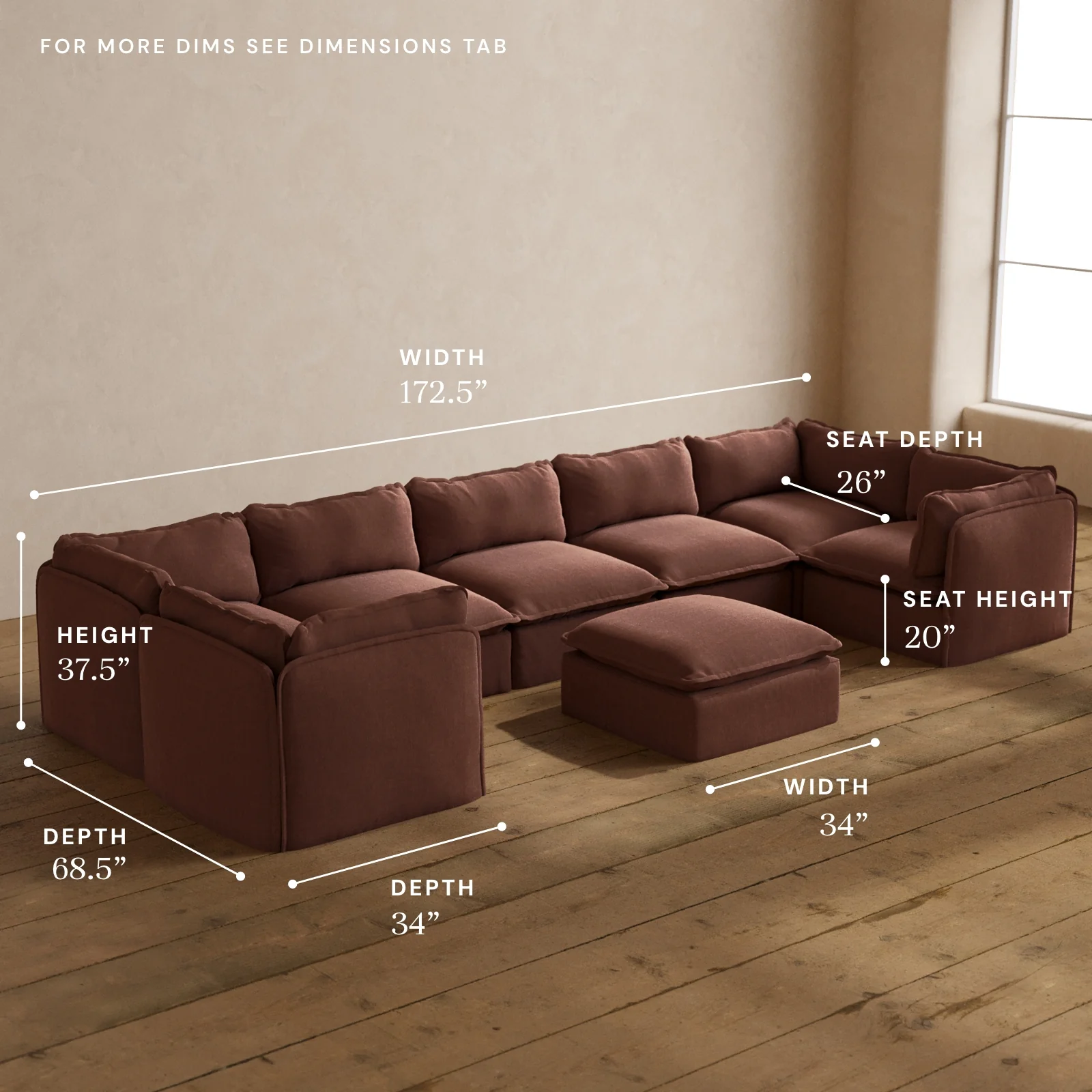 Modular Washable 7-Seater U-Sectional + Ottoman in Chestnut | Deluxe+ Seat | Cloud Pillow - Image 5