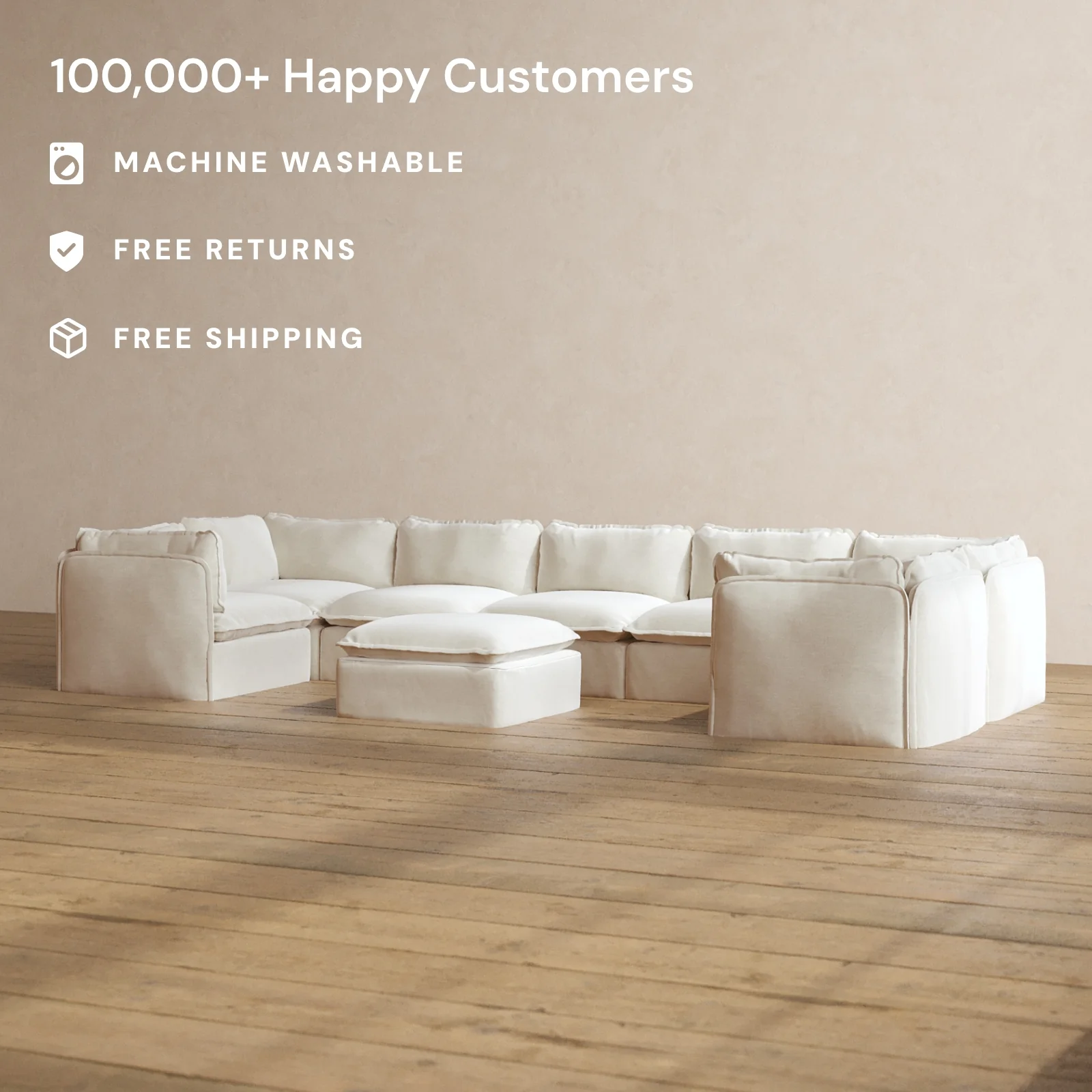 Modular Washable 7-Seater U-Sectional + Ottoman in Coco | Deluxe+ Seat | Cloud Pillow - Image 2