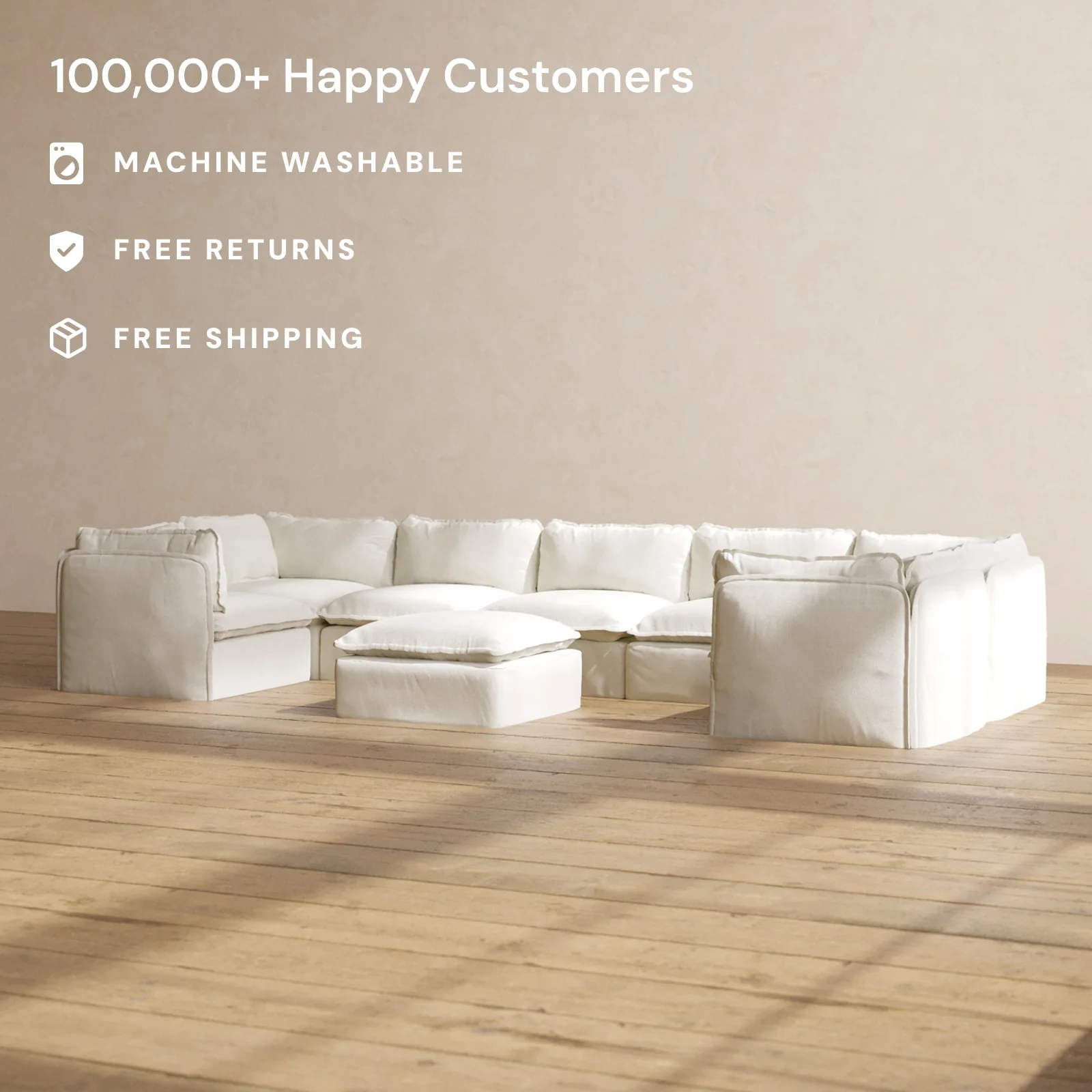 Modular Washable 7-Seater U-Sectional + Ottoman in Eggshell | Memorix+ Seat | Contour Pillow - Image 2