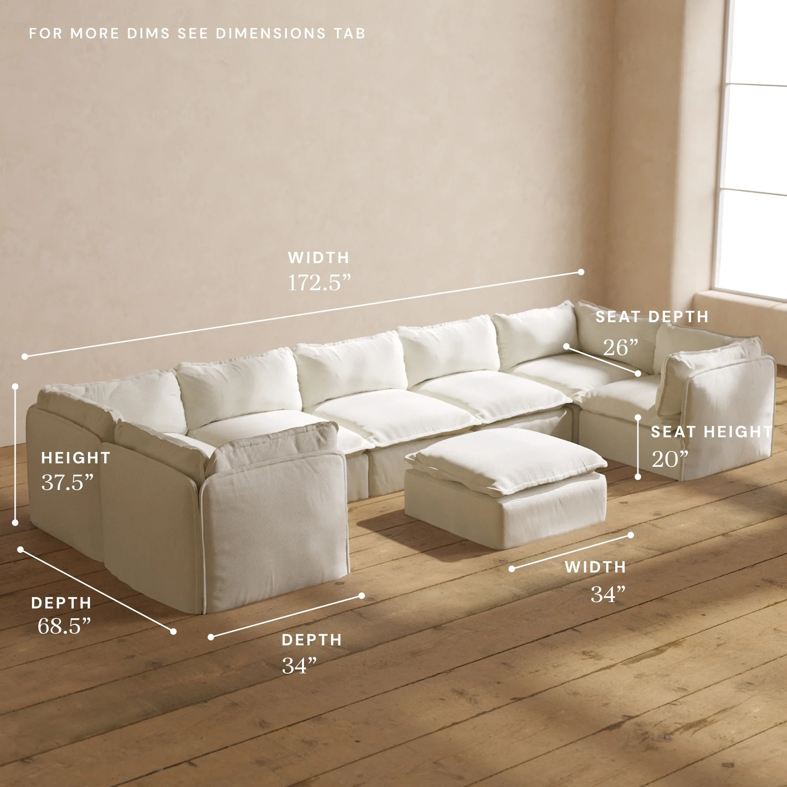 Modular Washable 7-Seater U-Sectional + Ottoman in Eggshell | Memorix+ Seat | Contour Pillow - Image 5