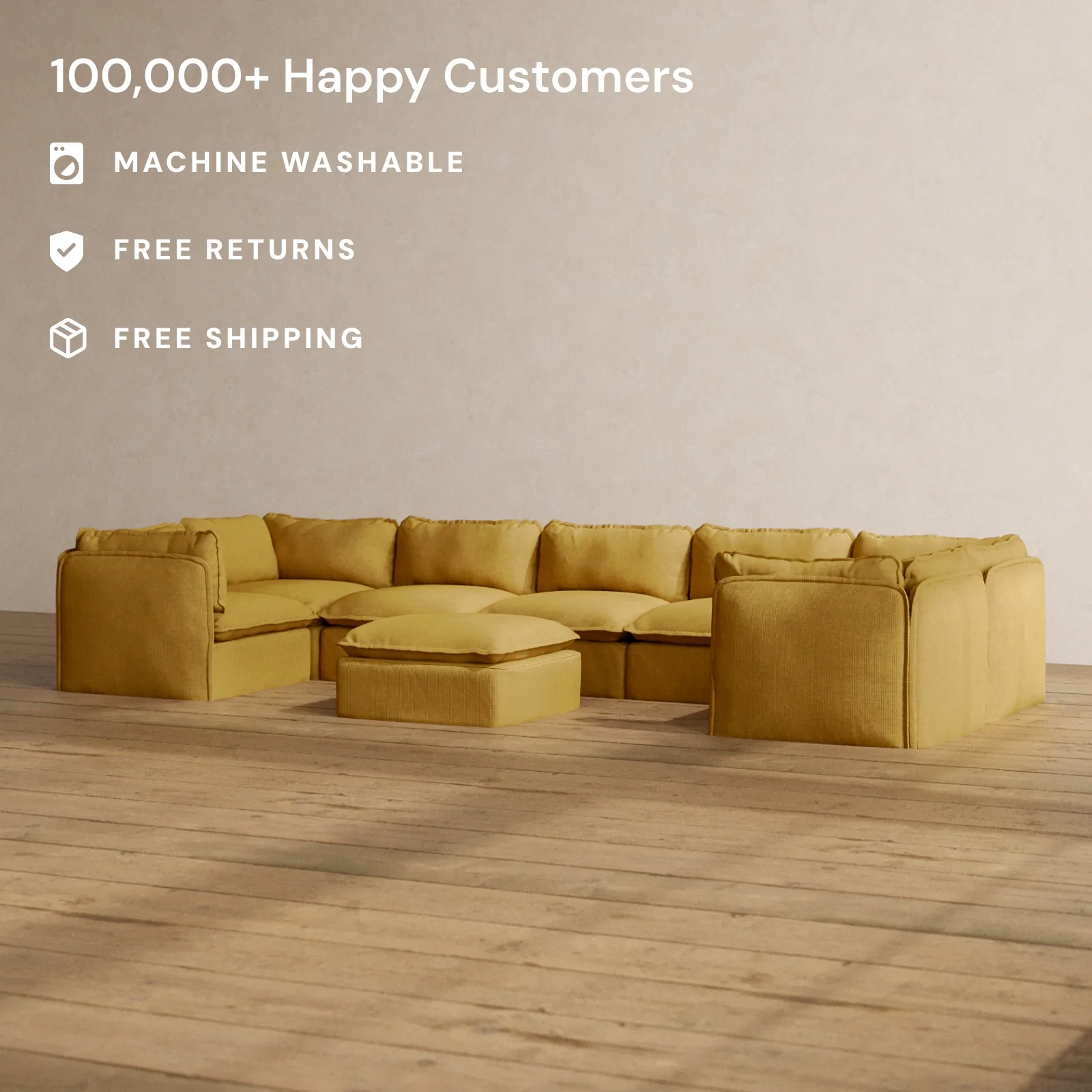 Modular Washable 7-Seater U-Sectional + Ottoman in Kiiro | Deluxe+ Seat | Cloud Pillow - Image 2