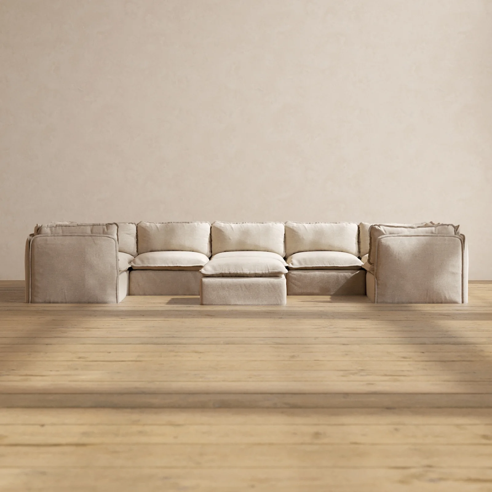 Modular Washable 7-Seater U-Sectional + Ottoman in Oat | Memorix+ Seat | Contour Pillow