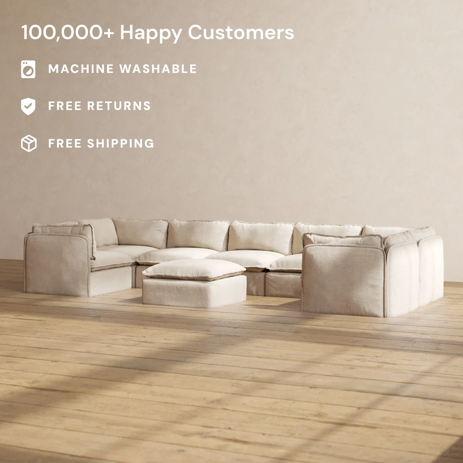 Modular Washable 7-Seater U-Sectional + Ottoman in Oat | Memorix+ Seat | Contour Pillow - Image 2