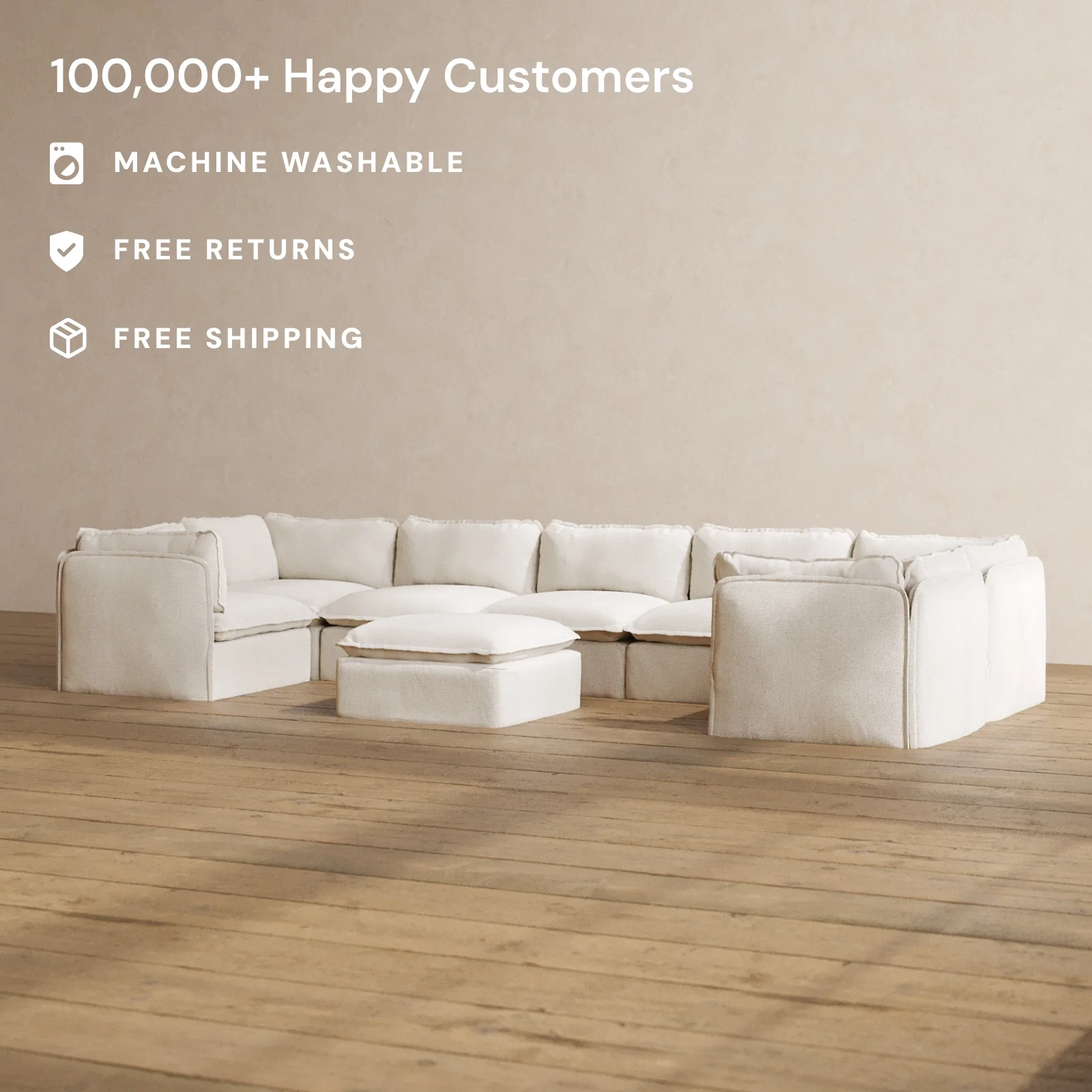 Modular Washable 7-Seater U-Sectional + Ottoman in Powder | Deluxe+ Seat | Cloud Pillow - Image 2