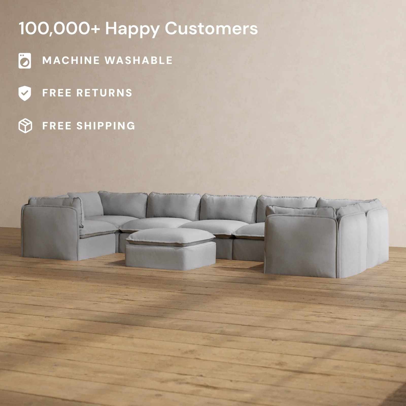 Modular Washable 7-Seater U-Sectional + Ottoman in Pumice | Memorix+ Seat | Contour Pillow - Image 2