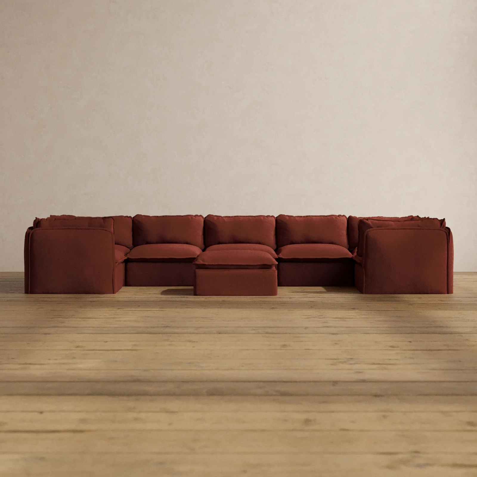 Modular Washable 7-Seater U-Sectional + Ottoman in Rust | Deluxe+ Seat | Cloud Pillow