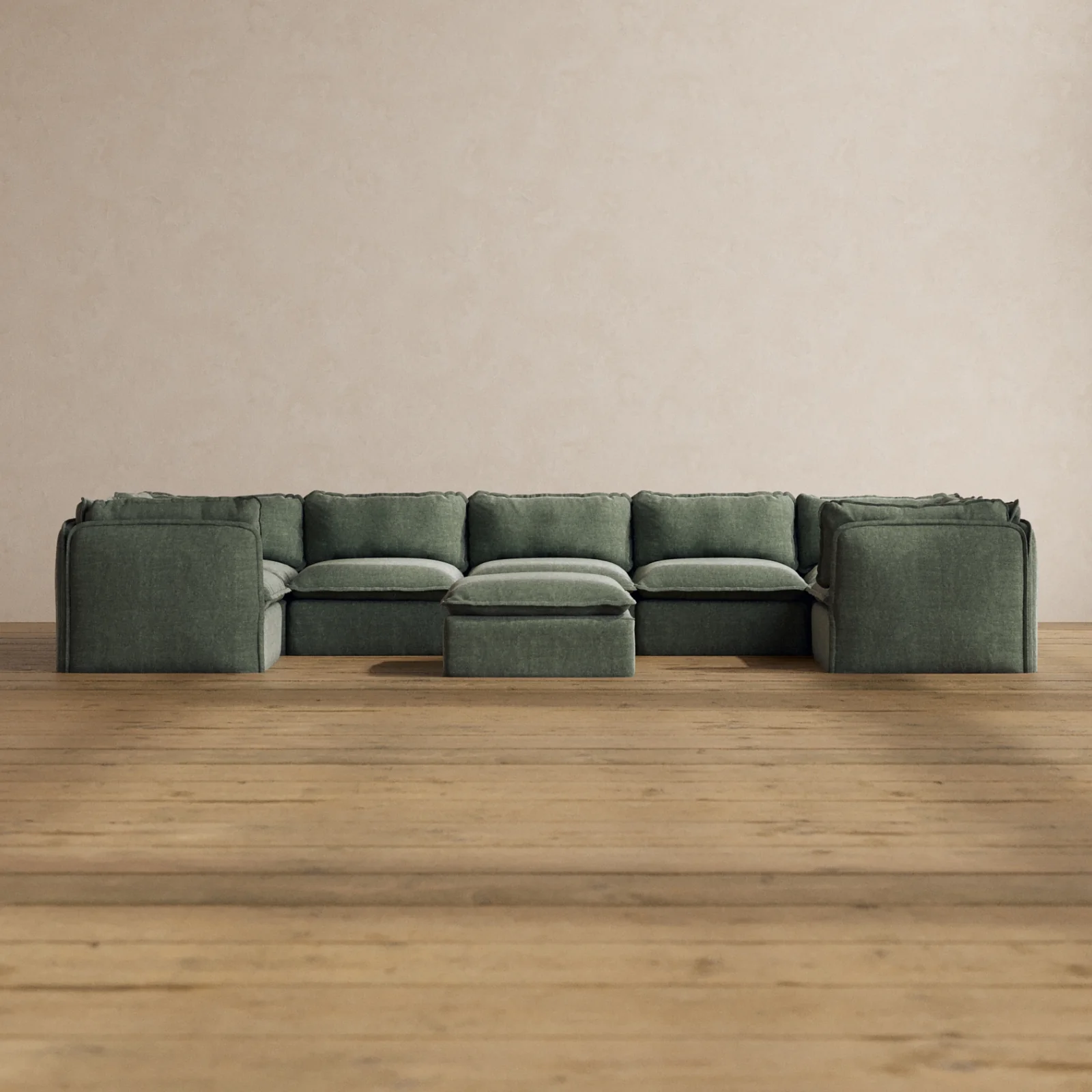 Modular Washable 7-Seater U-Sectional + Ottoman in Willow | Memorix+ Seat | Contour Pillow