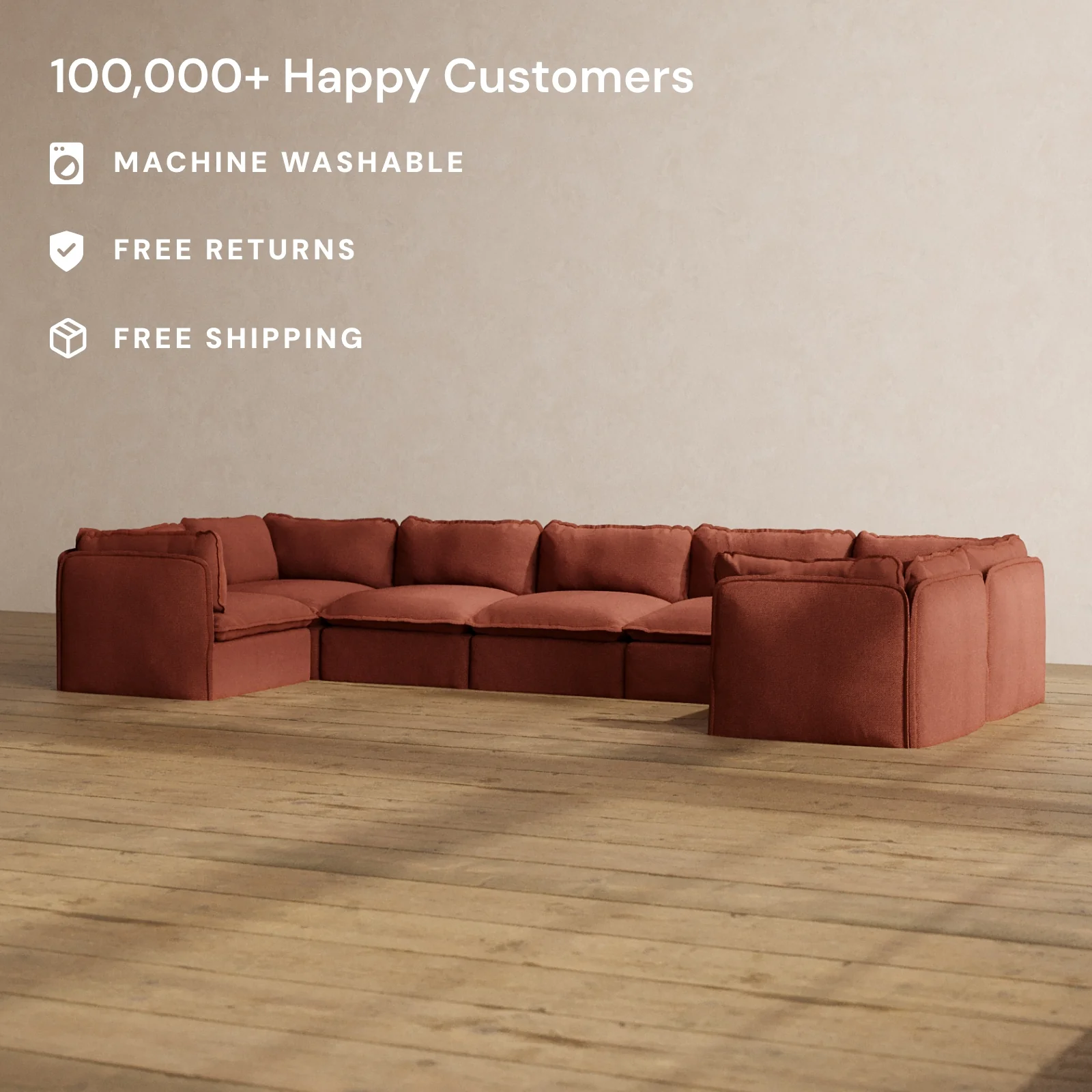 Modular Washable 7-Seater U-Sectional in Rust | Memorix+ Seat | Contour Pillow - Image 2