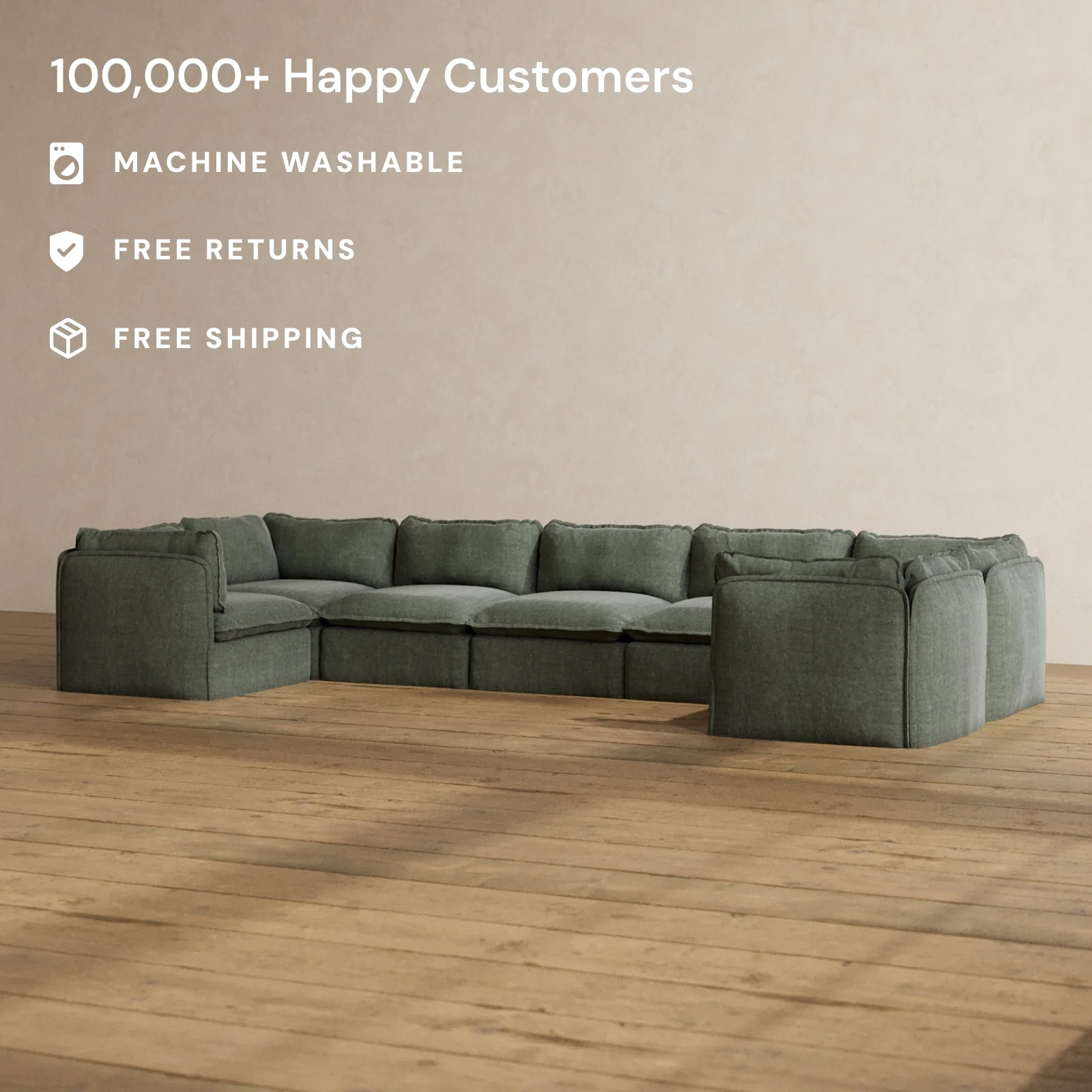 Modular Washable 7-Seater U-Sectional in Willow | Deluxe+ Seat | Cloud Pillow - Image 2