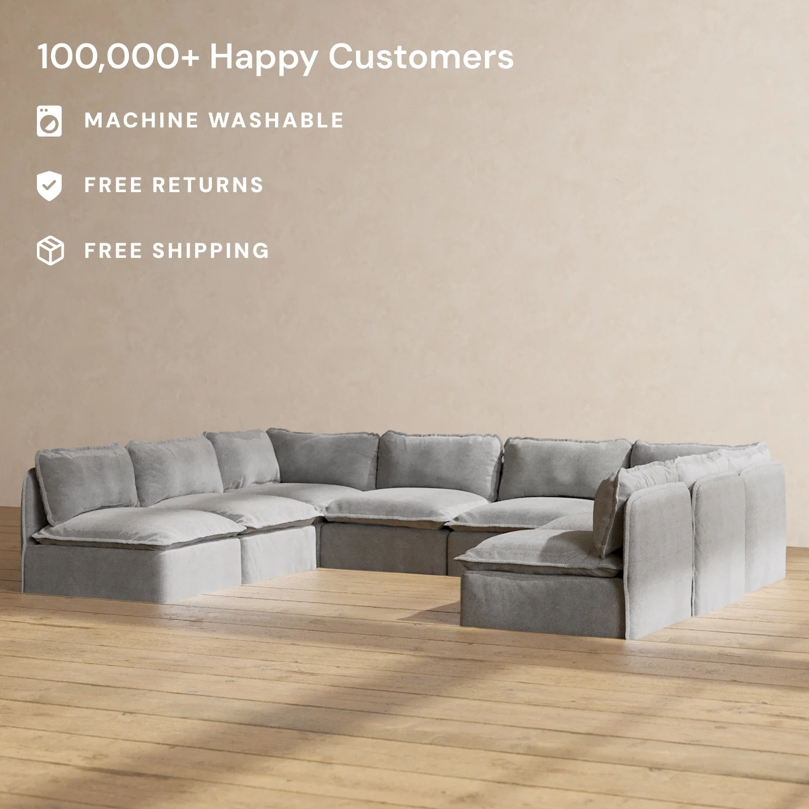 Modular Washable 8-Seater Open-Ends U-Sectional in Ash | Memorix+ Seat | Contour Pillow - Image 2