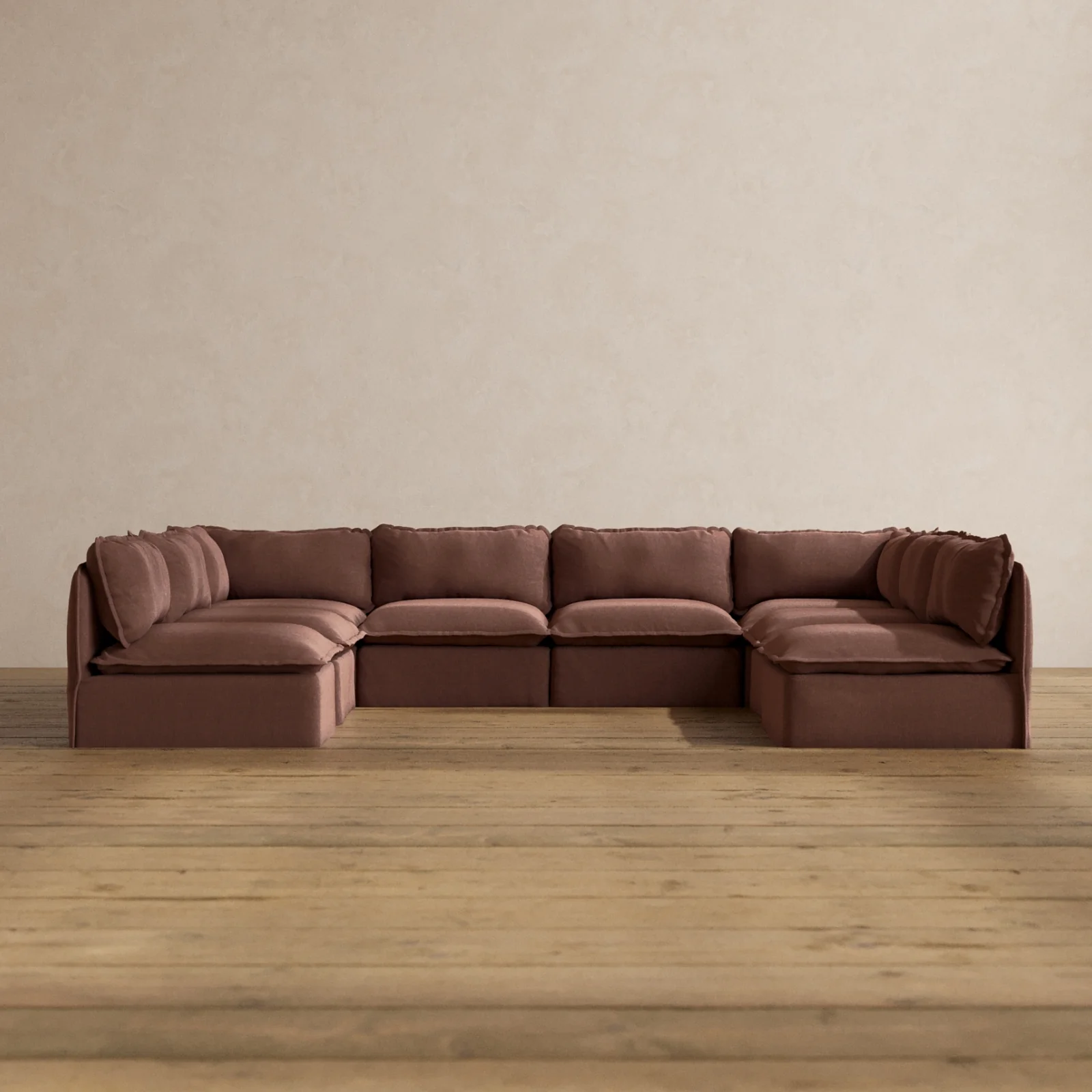 Modular Washable 8-Seater Open-Ends U-Sectional in Chestnut | Deluxe+ Seat | Cloud Pillow