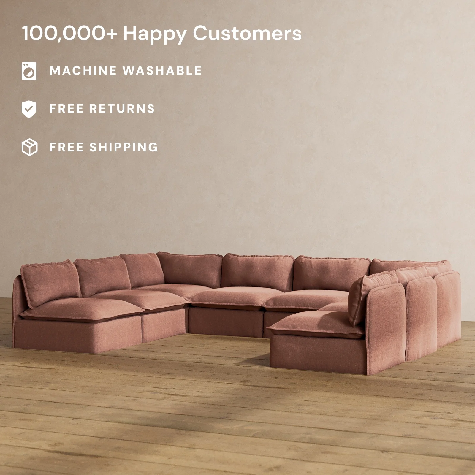 Modular Washable 8-Seater Open-Ends U-Sectional in Chestnut | Deluxe+ Seat | Cloud Pillow - Image 2