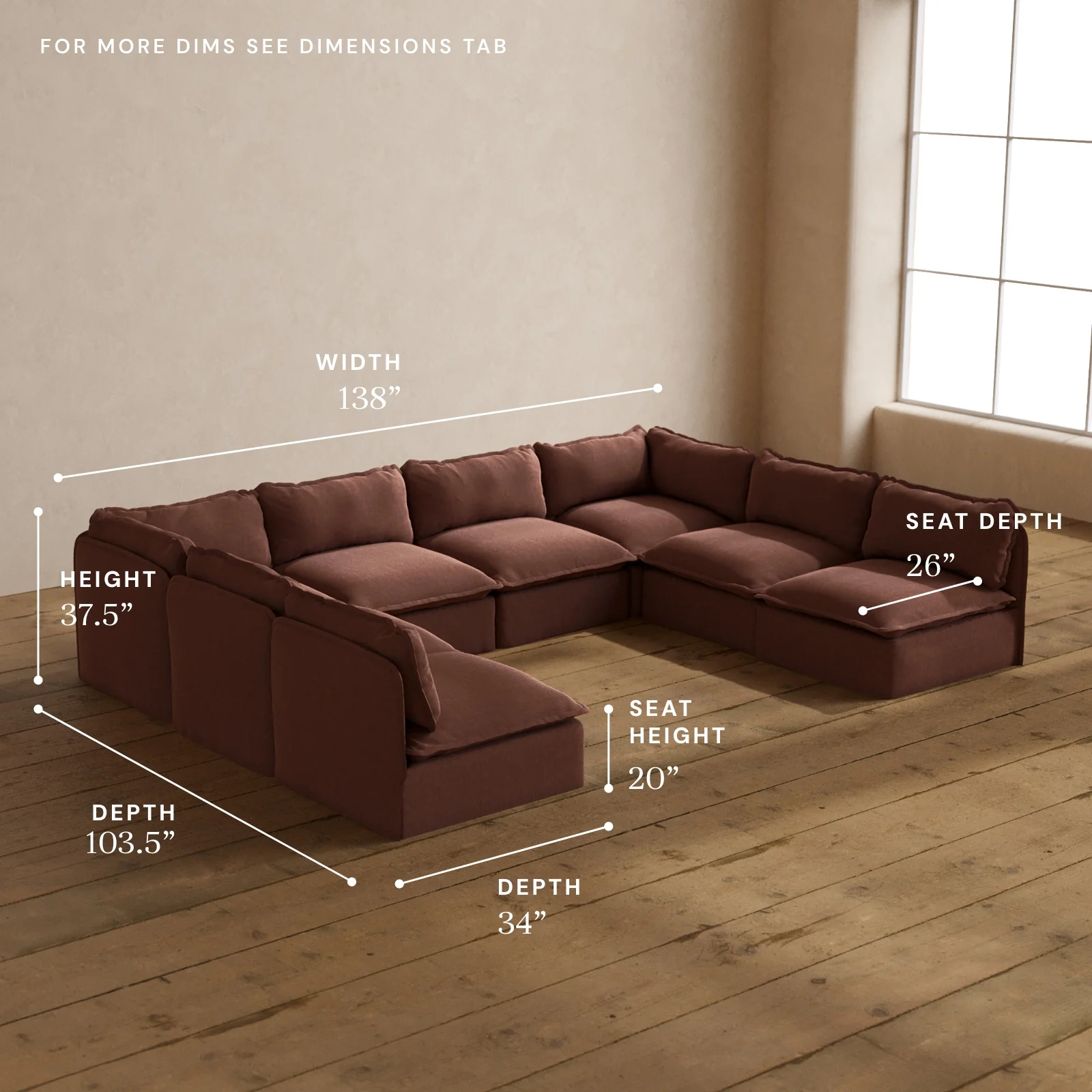 Modular Washable 8-Seater Open-Ends U-Sectional in Chestnut | Deluxe+ Seat | Cloud Pillow - Image 5
