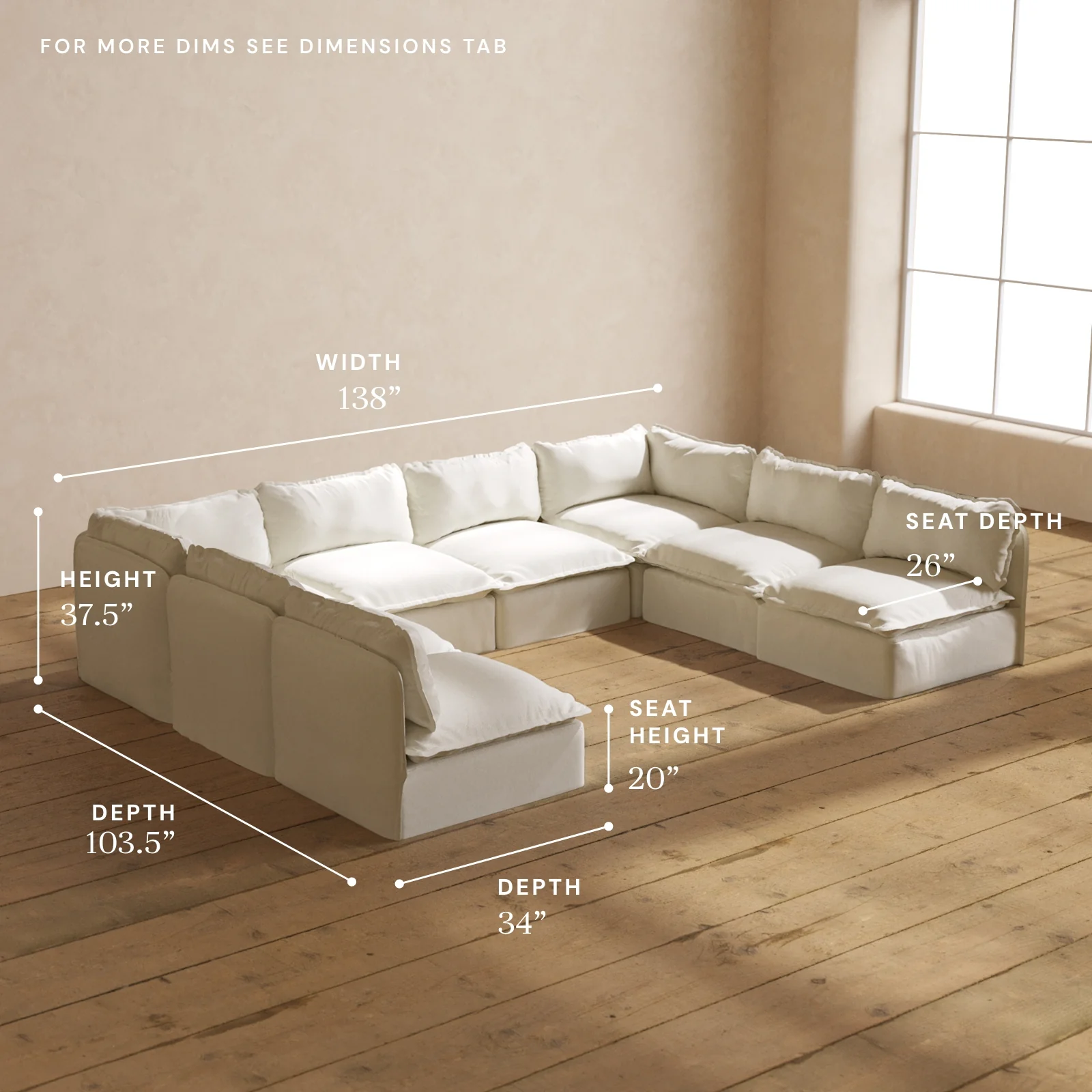 Modular Washable 8-Seater Open-Ends U-Sectional in Eggshell | Memorix+ Seat | Contour Pillow - Image 5