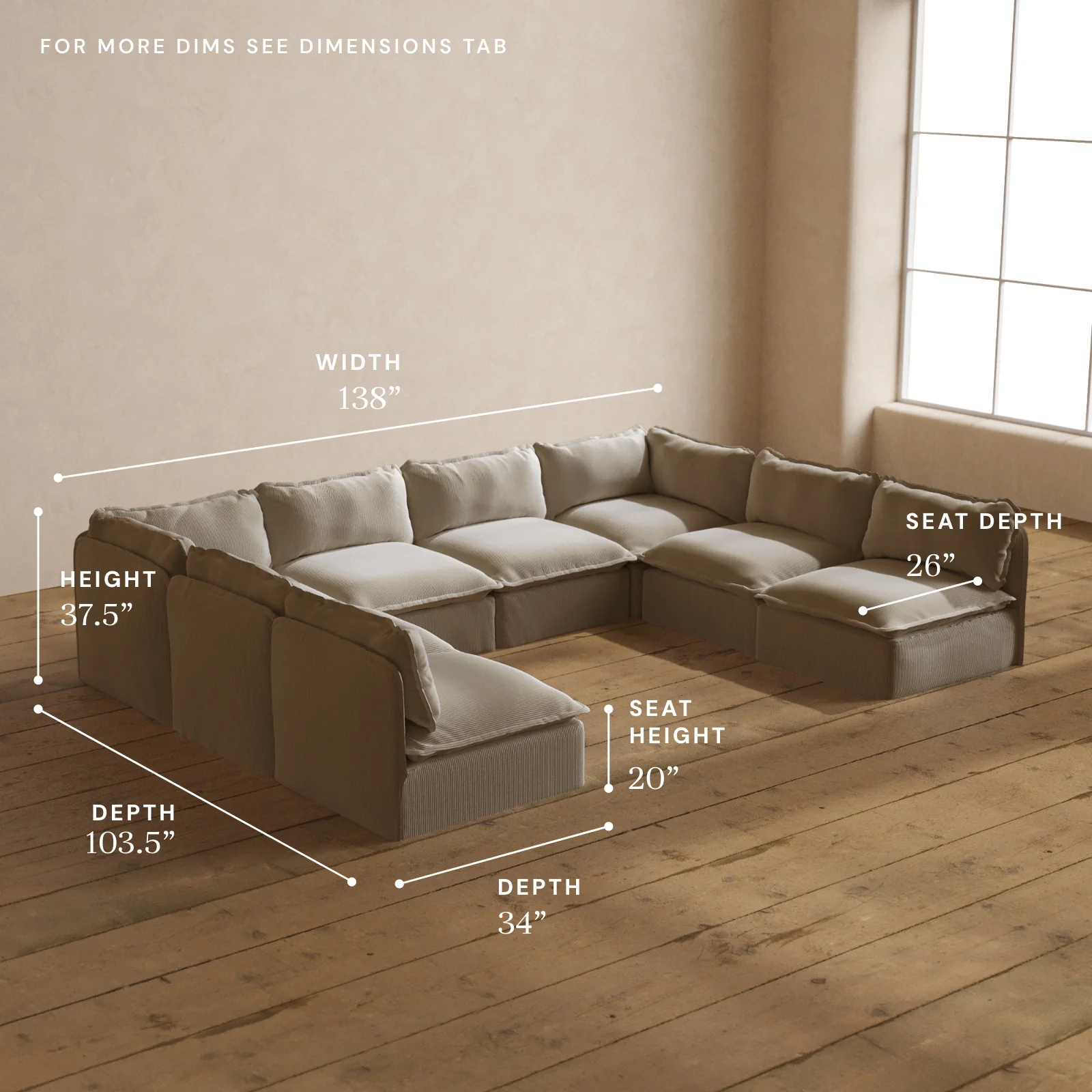 Modular Washable 8-Seater Open-Ends U-Sectional in Milk | Memorix+ Seat | Contour Pillow - Image 5