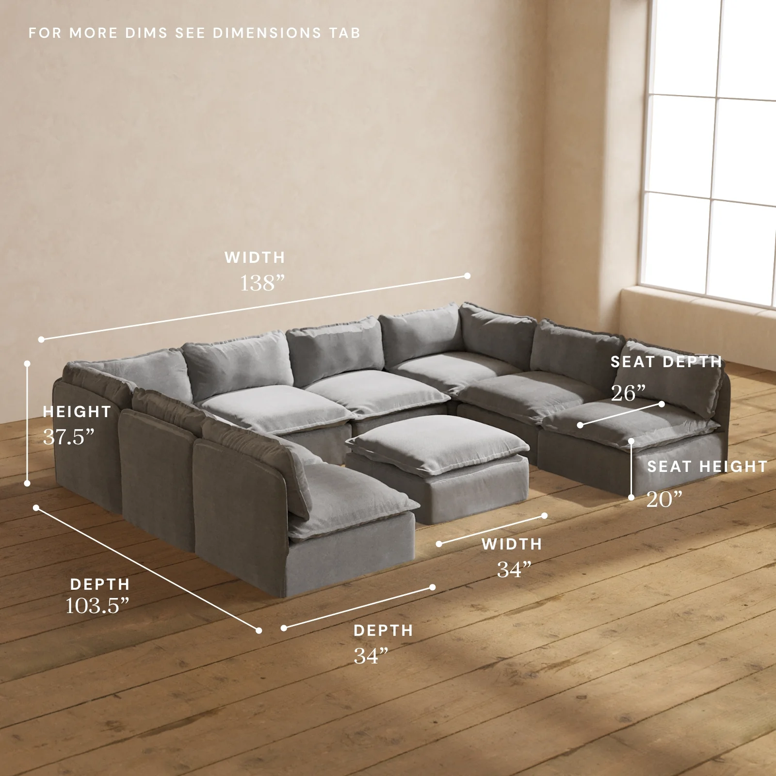 Modular Washable 8-Seater Open-Ends U-Sectional + Ottoman in Ash | Deluxe+ Seat | Cloud Pillow - Image 5